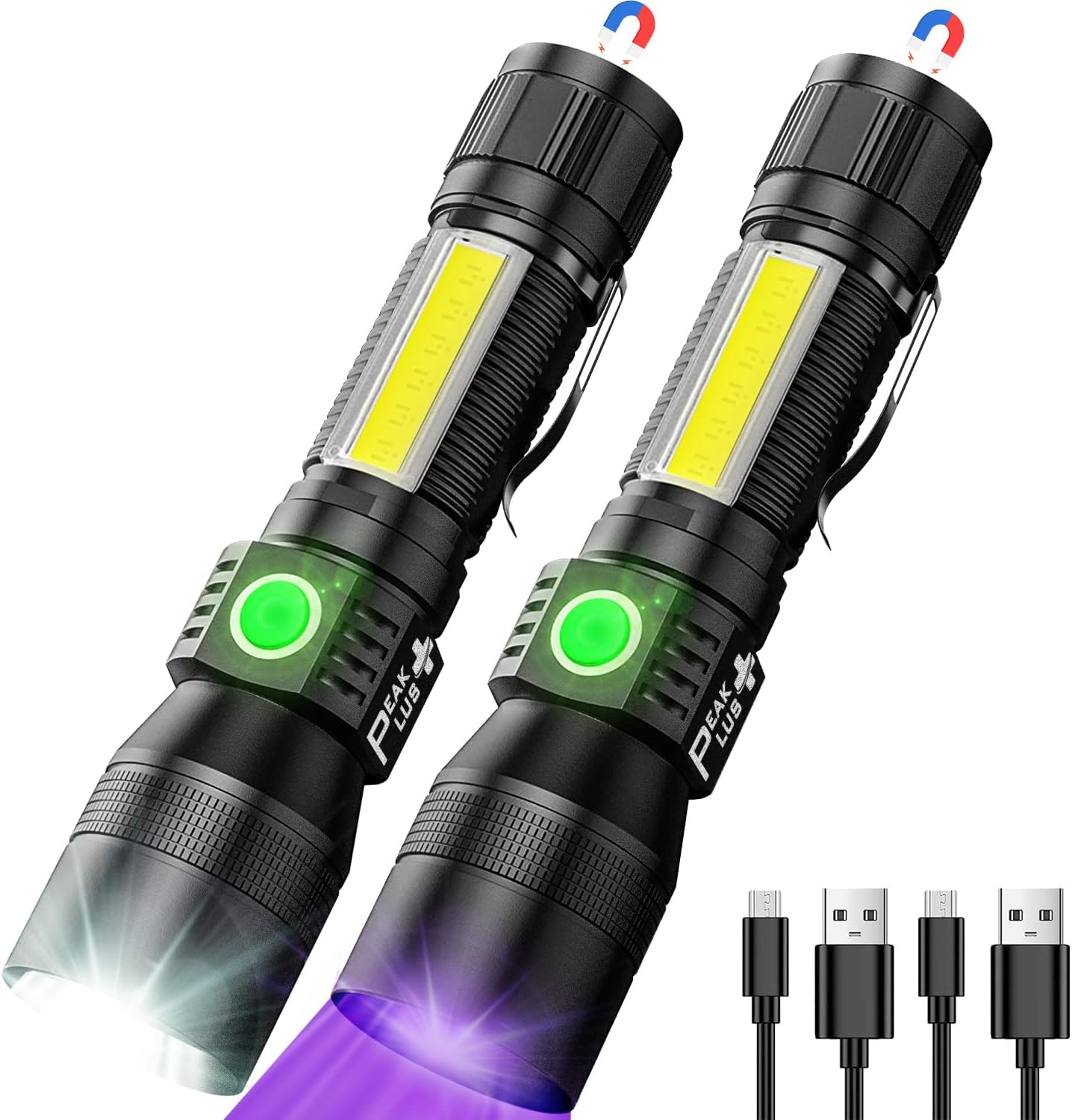 Rechargeable Flashlights UFX1000 [2 Pack] 3-In-1 UV Blacklight Flashlight, COB - 7 Light Modes Waterproof Magnetic High Lumens Clip-On - UV Light For Pet Urine Detection, Camping, Emergencies