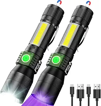 Rechargeable Flashlights UFX1000 [2 Pack] 3-in-1 UV Blacklight Flashlight, COB - 7 Light Modes Waterproof Magnetic High Lumens Clip-On - UV Light for Pet Urine Detection, Camping, Emergencies