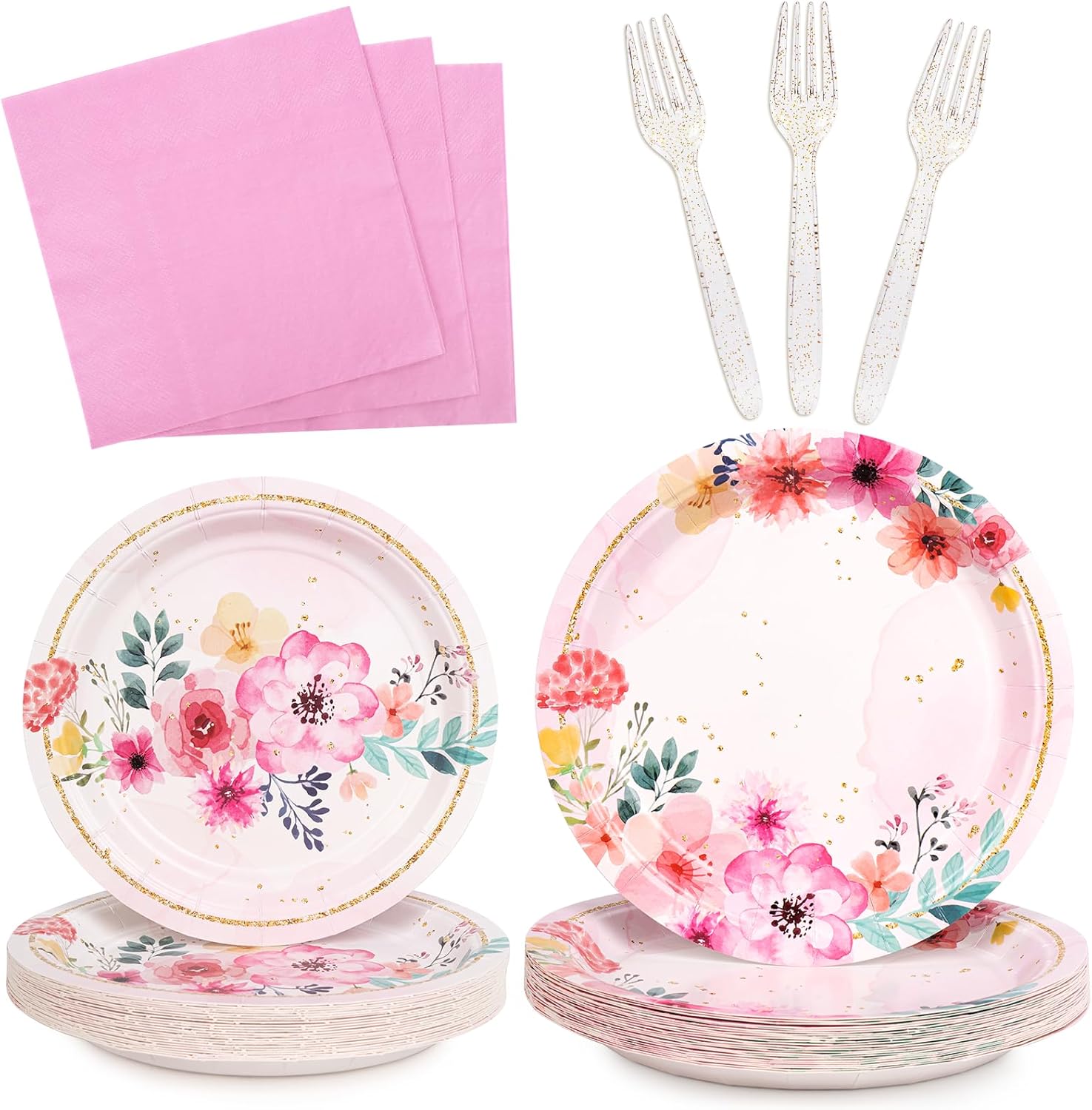 DECORLIFE 96 PCS Pink Floral Plates and Napkins Serves 24, Party Supplies with Forks, Girls' Floral Birthday Party Decorations