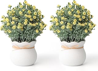 2 Pack Small Desk Plants, Artificial Bathroom Plants Decor with Flower in Vintage Plastic Pots, Faux Plants Indoor for Shelf Decor in Home Office, and Spring Decor (Yellow)