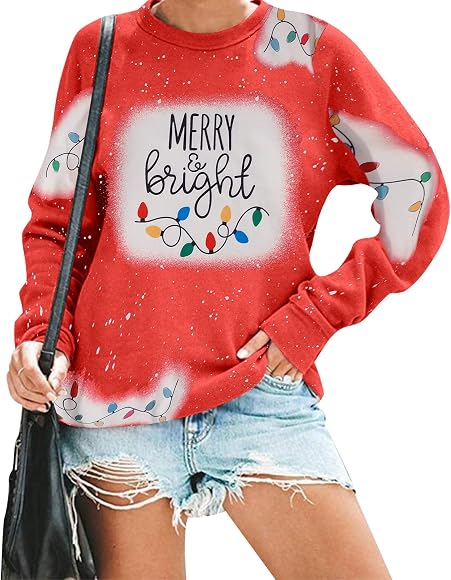 Merry And Bright Sweatshirt Women Merry Christmas Pullover Xmas Lights  Blouse Top Casual Bleached Letter Printed Shirt, Bright Red, Small :  Amazon.ca: Clothing, Shoes u0026 Accessories