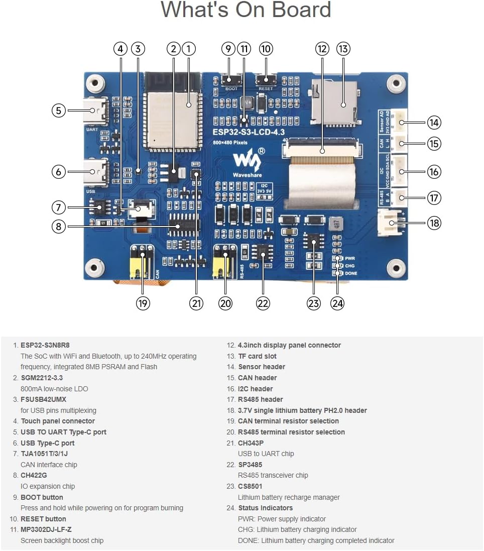 waveshare ESP32-S3 4.3inch Capacitive Touch LCD Development Board with 2.4GHz WiFi and BLE 5 Support,32-bit LX7 Dual-core ProcessorOnboard CAN, RS485, I2C Interface