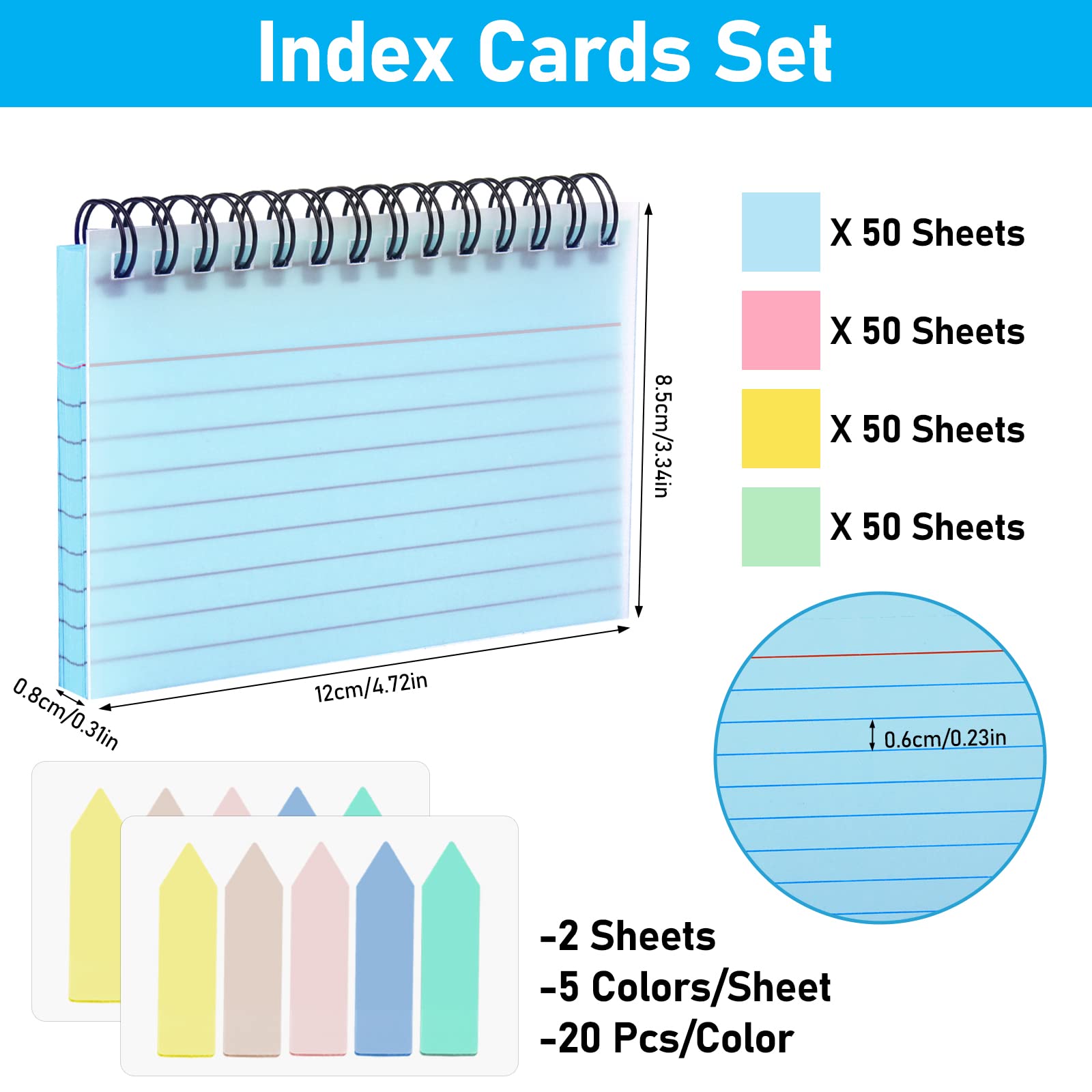 Tikplus Revision Cards, 200 Sheets Coloured Spiral Bound Flash Cards, Lined Index Cards with Protective Cover and Index Tabs - Image 2