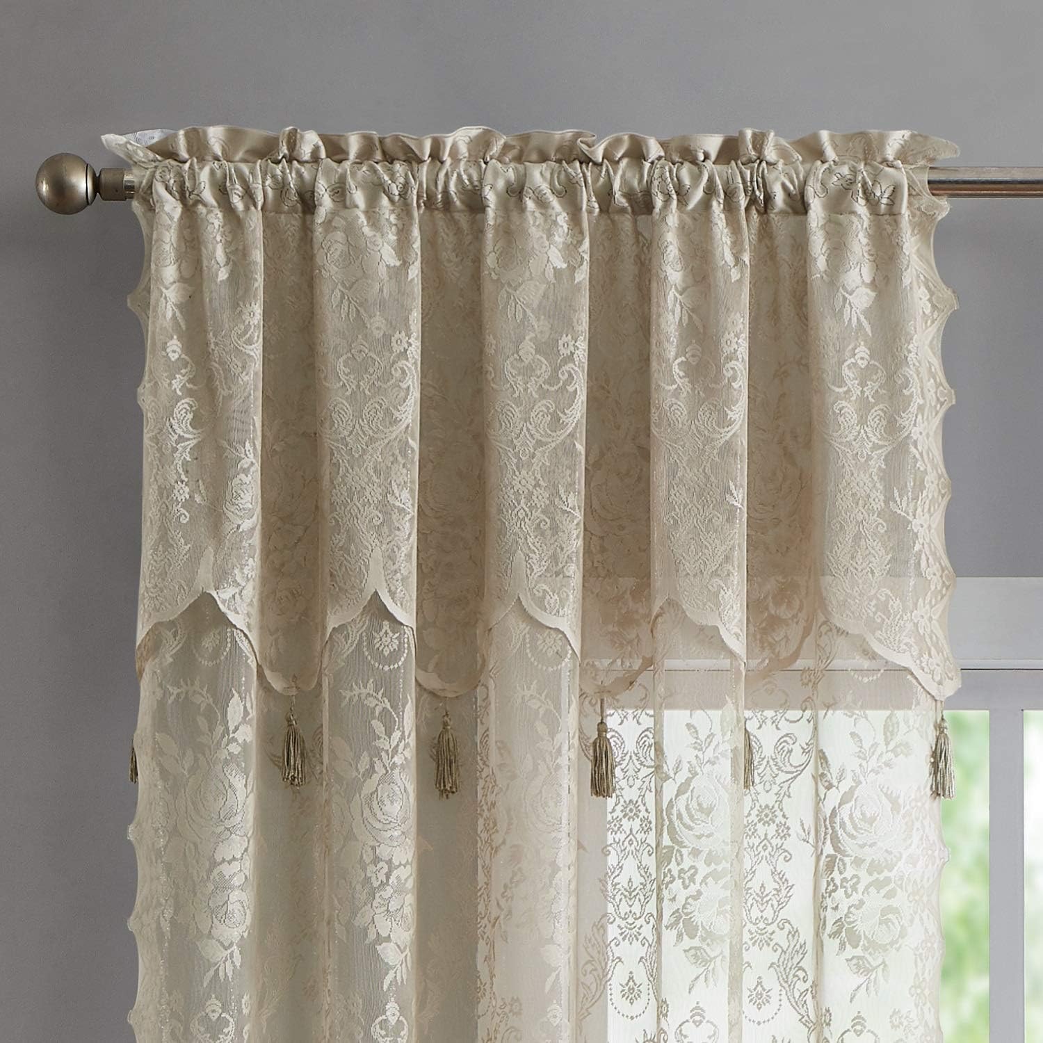 Warm Home Designs Pair of 2 Brown Linen Color Standard Length 54” (W) x 84” (L) Semi Sheer Lace Curtain Panels & Attached Valances with 6 Tassels. Classic Elegant English Rose Pattern. L Linen 84”