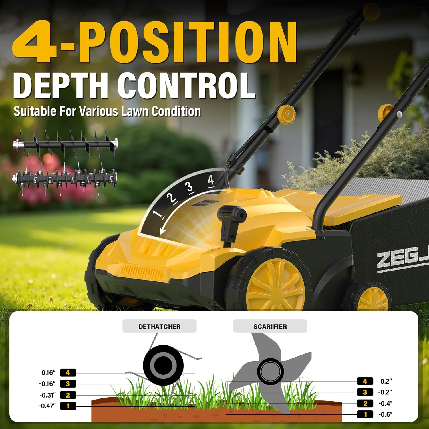 ZEGJAW Electric Dethatcher and Scarifier, 13” 12Amp Lawn Dethatcher with 4-Position Depth Adjustment, 30L Collection Bag, 2 in 1 Walk Behind Thatch Removing for Lawn