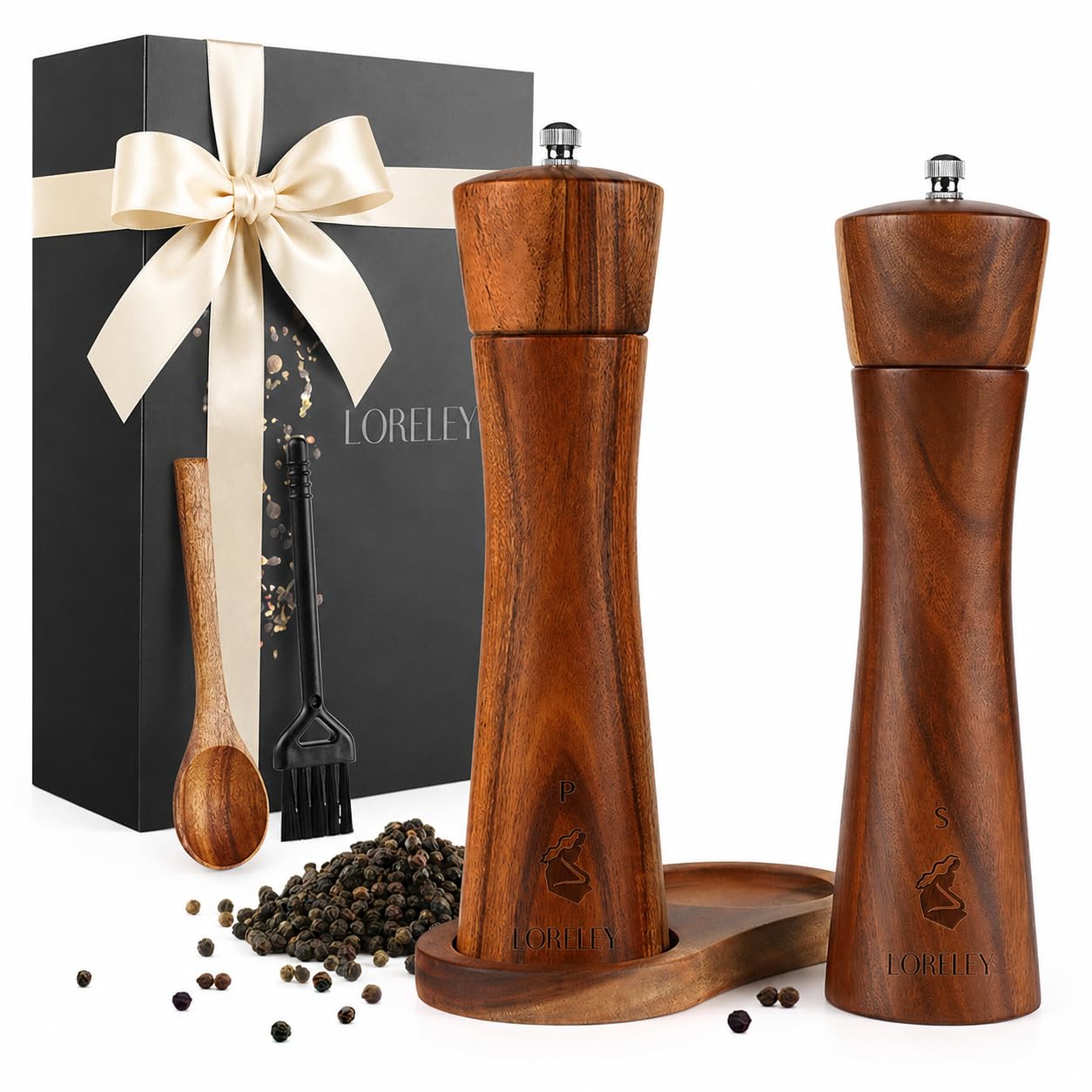 LORELEY® MITTELRHEIN Germany Salz- & Pfeffermühle aus Holz mit Keramikmahlwerk – inkl. Untersetzer & Pinsel – Gewürzmühle in Geschenkbox – Geschenk zur Hochzeit | Einweihung (Luxury Holz)