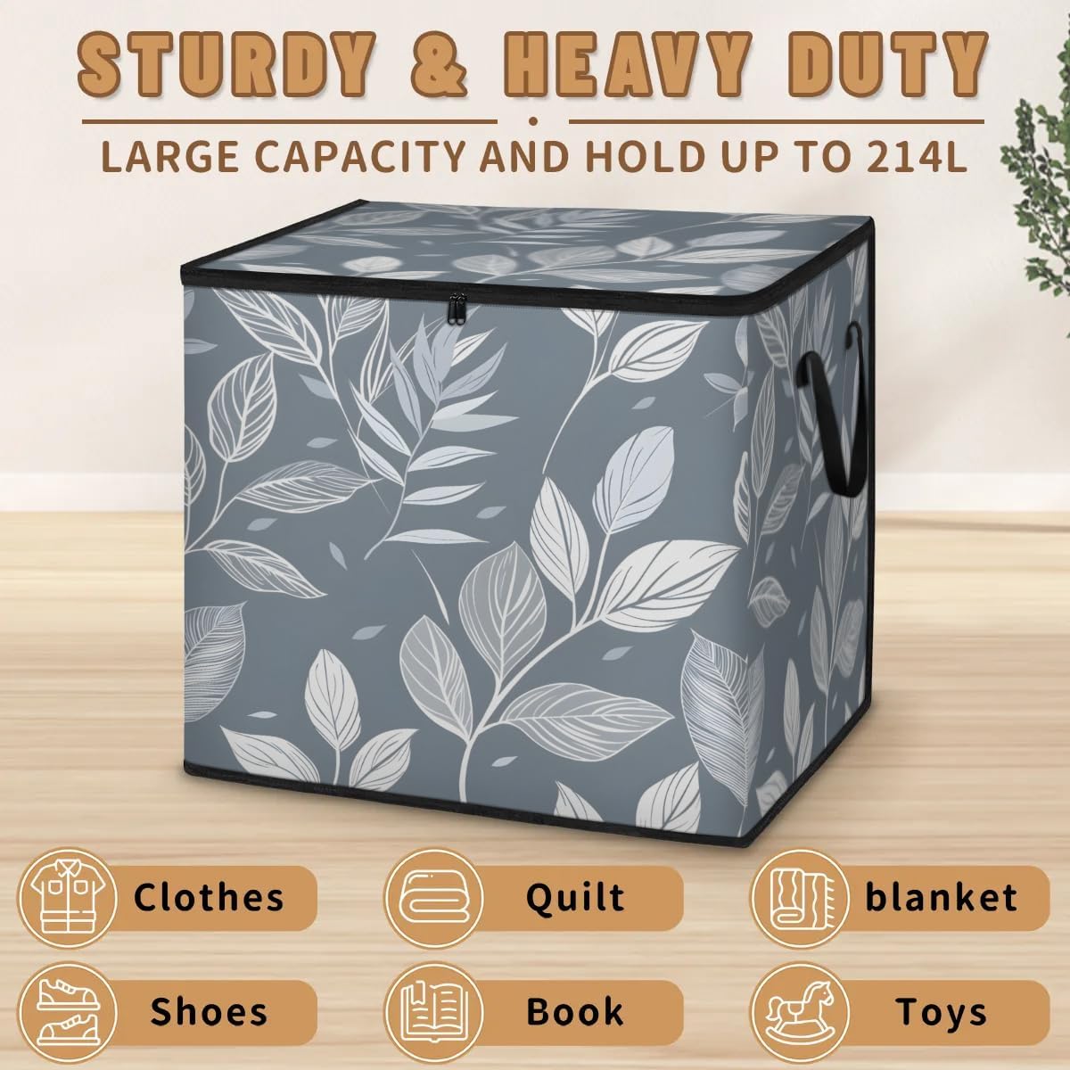 Honeybaby 214L Extra Large Comforter Storage Bag Leaf Pattern Storage Totes with Lids Waterproof Closet Organizer Folding Blanket Storage Bags for Clothes Bedding Pillows