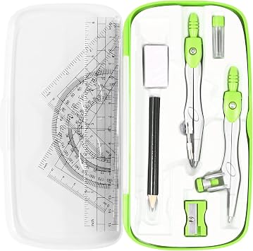 Vobou Math Geometry Kit Sets 10 Piece Student Supplies with Shatterproof Storage Box,Includes Rulers,Protractor,Compass,Eraser,Pencil Sharpener,Lead Refills,Pencil,for DraftingGreen