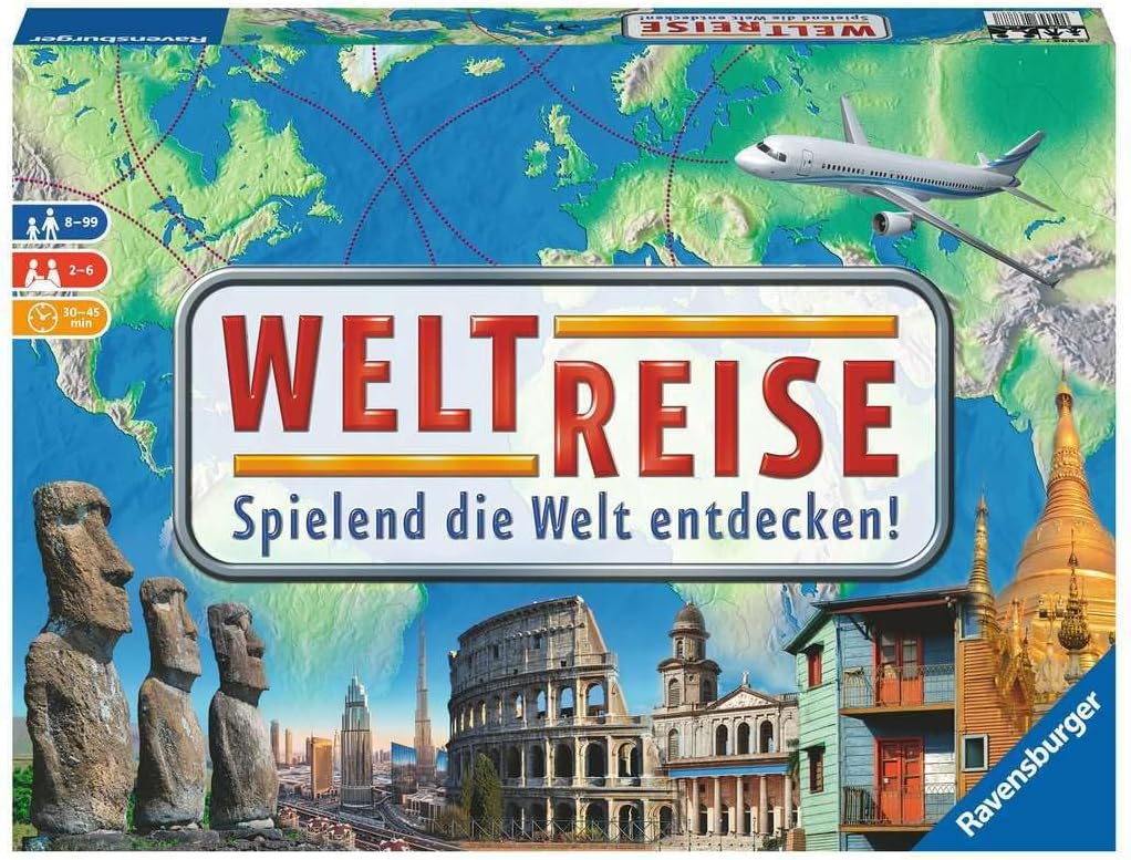 Ravensburger 26888 - Weltreise- Familienklassiker ab 8 Jahren - Gesellschaftsspiel, Reise einmal um die Welt, Reiseplanung für bis zu 6 Spieler - über 170 Städte