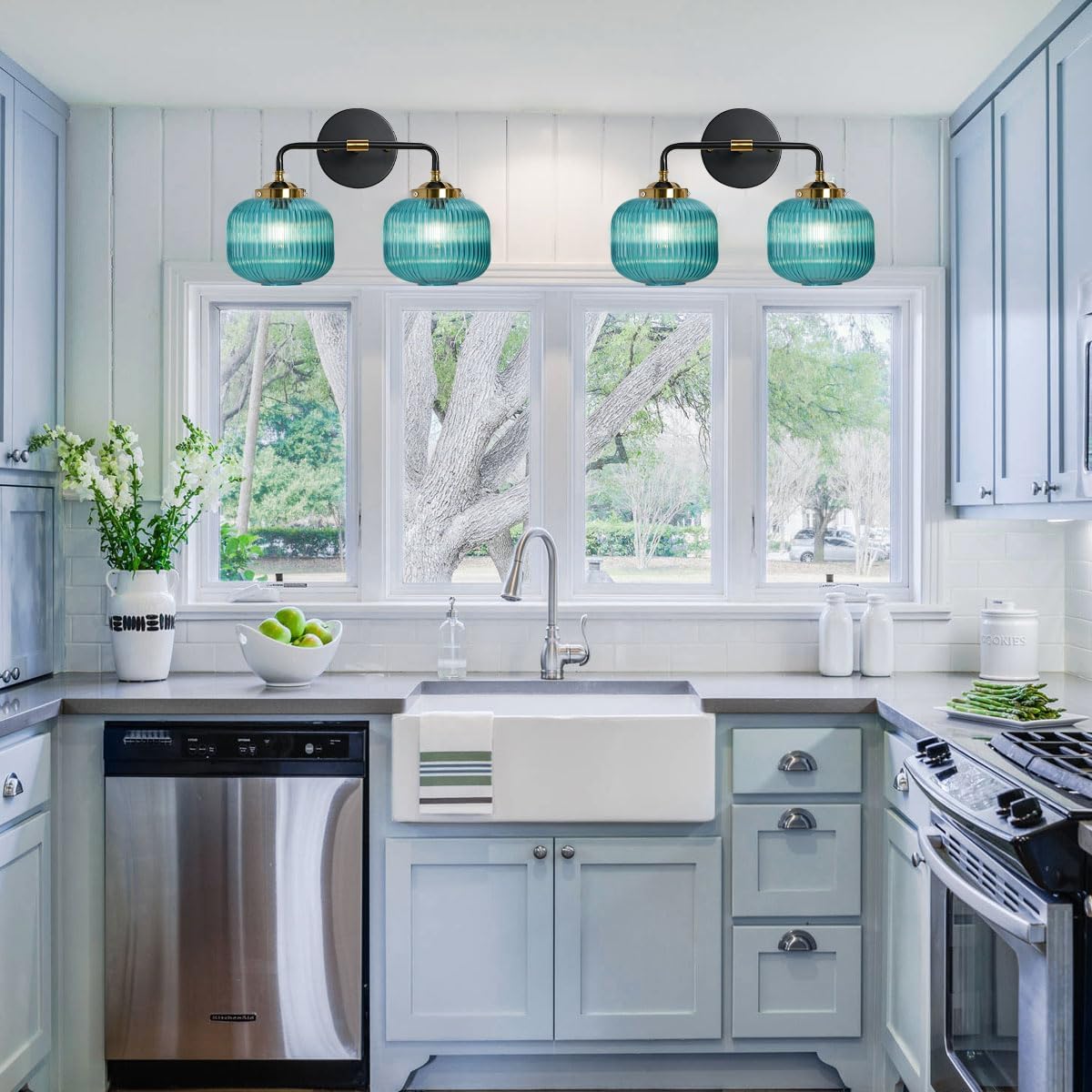Bathroom Mirror Vanity Light Fixture 2 Lights Blue Globe Shade Vintage Glass Wall Light fixtures Black Gold Bathroom Lights Modern Retro Wall Sconce for Above Kitchen Sink Bedroom