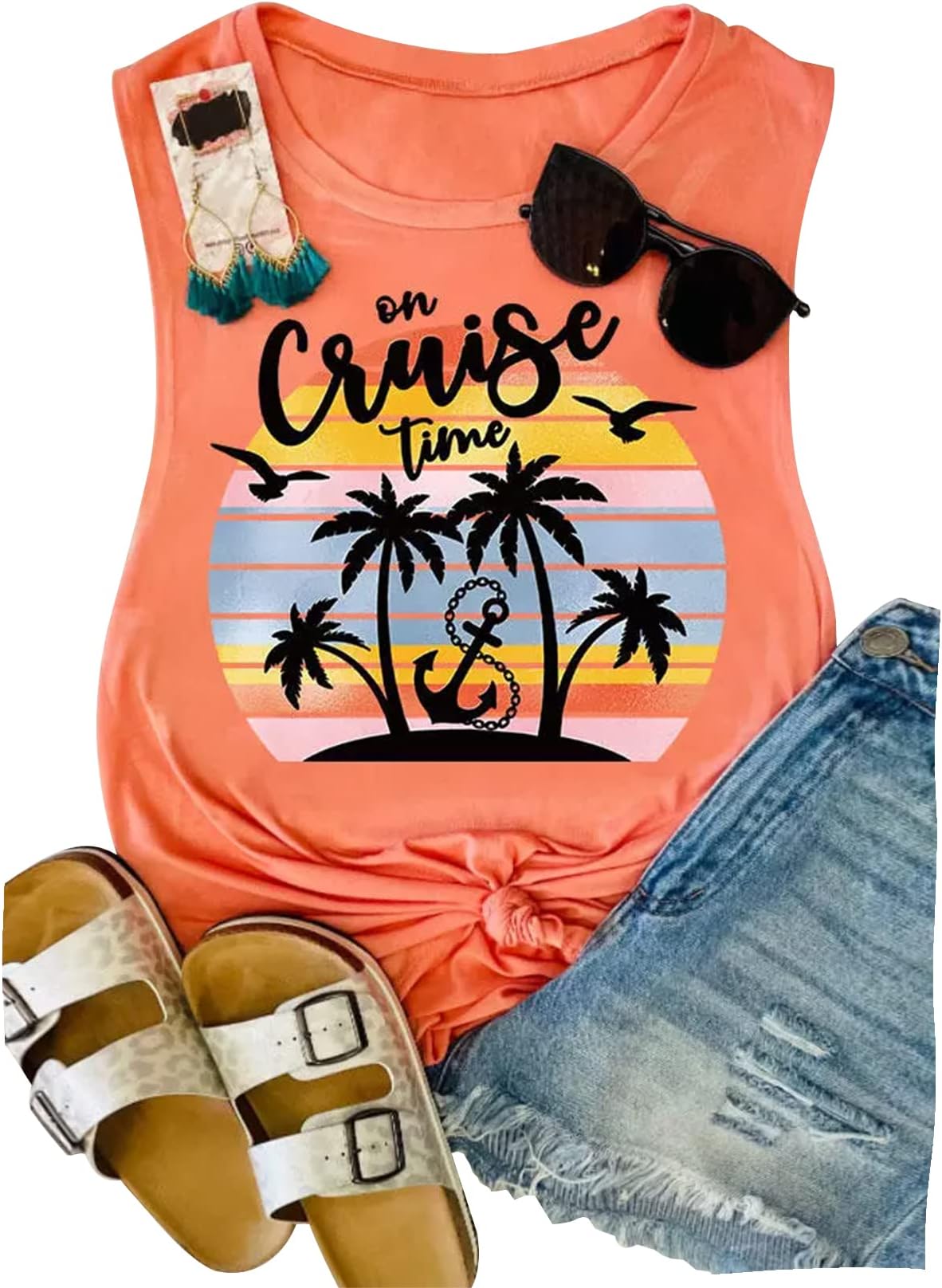 On Cruise Time Coconut Tree Tank Tops for Women Summer Vacation Sleeveless Shirts Casual Beach Praty Graphic Tees Vest