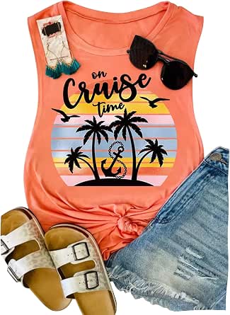 On Cruise Time Coconut Tree Tank Top for Women Summer Vacation Sleeveless Graphic Tee