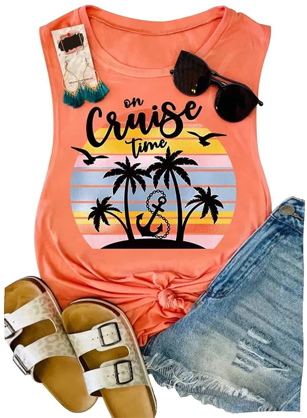 Cruise Outfits for Women Summer Vacation Tops Coconut Tree Graphic Tank Top Casual Beach Vacation Clothes Cruise Shirts (S, Orange) by LANMERTREE - Used condition - US$15.30
