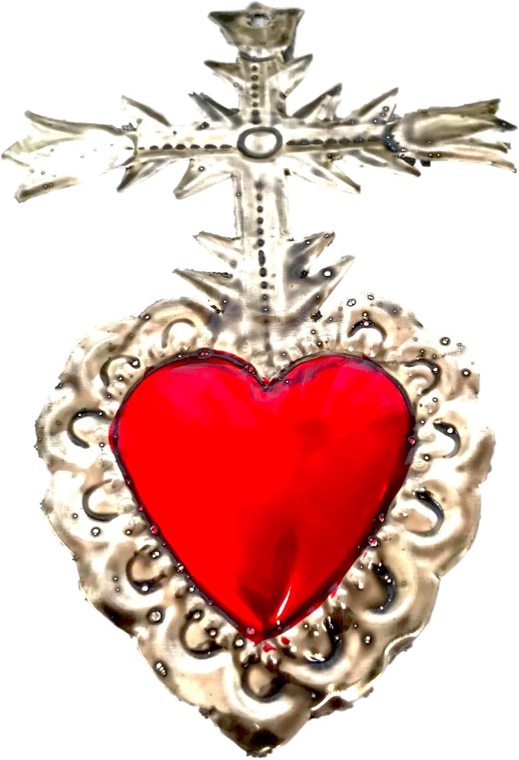 Milagros Charms - Tin Painted Sacred Heart Ornaments - Mexican Art (Set of 4) - Large - Milagros Gris y Rojo Grandes - Image 4