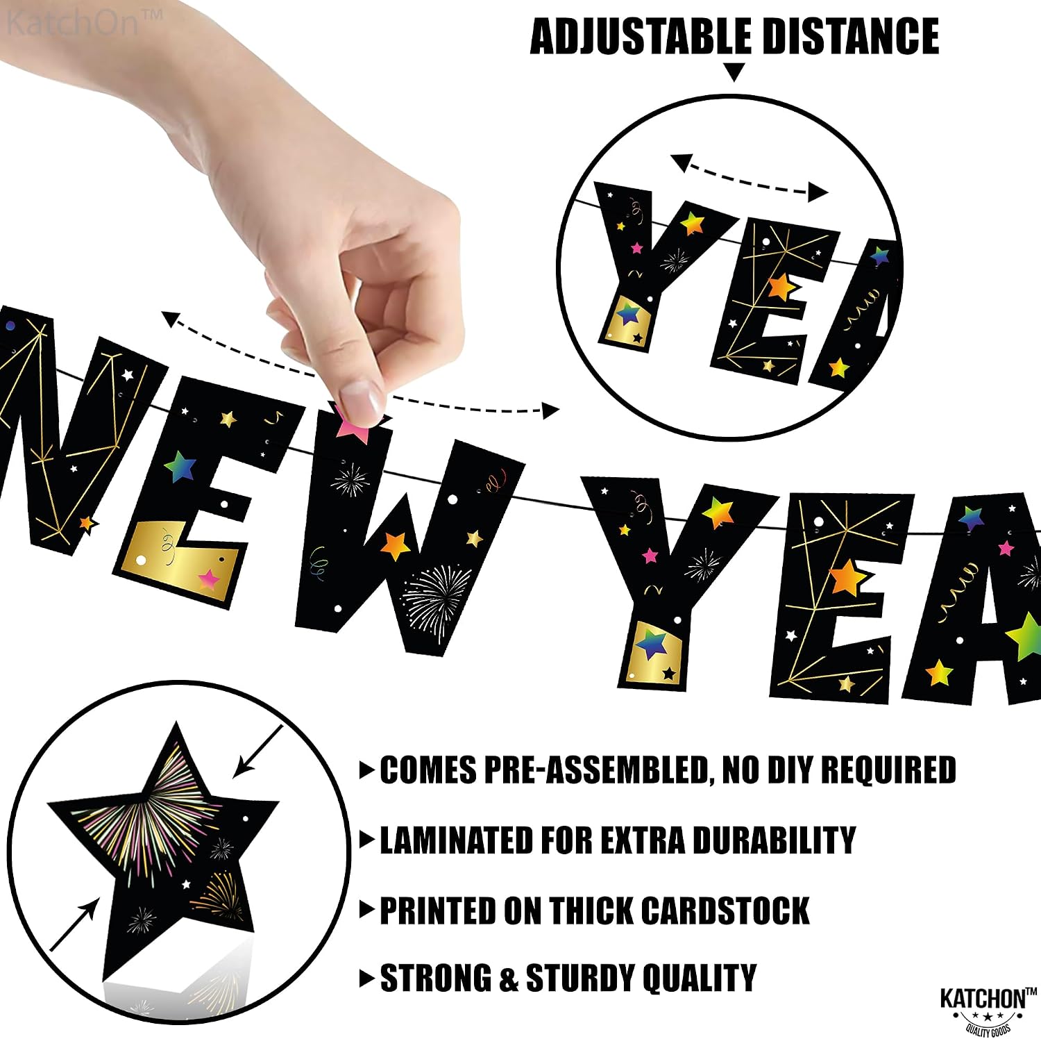 KatchOn, Gold & Black Happy New Year Banner - Large 10 Feet, Pre-Strung | Happy New Year Backdrop, New Years Eve Party Supplies 2026 | Happy New Years Decorations 2026 | NYE Decorations 2026
