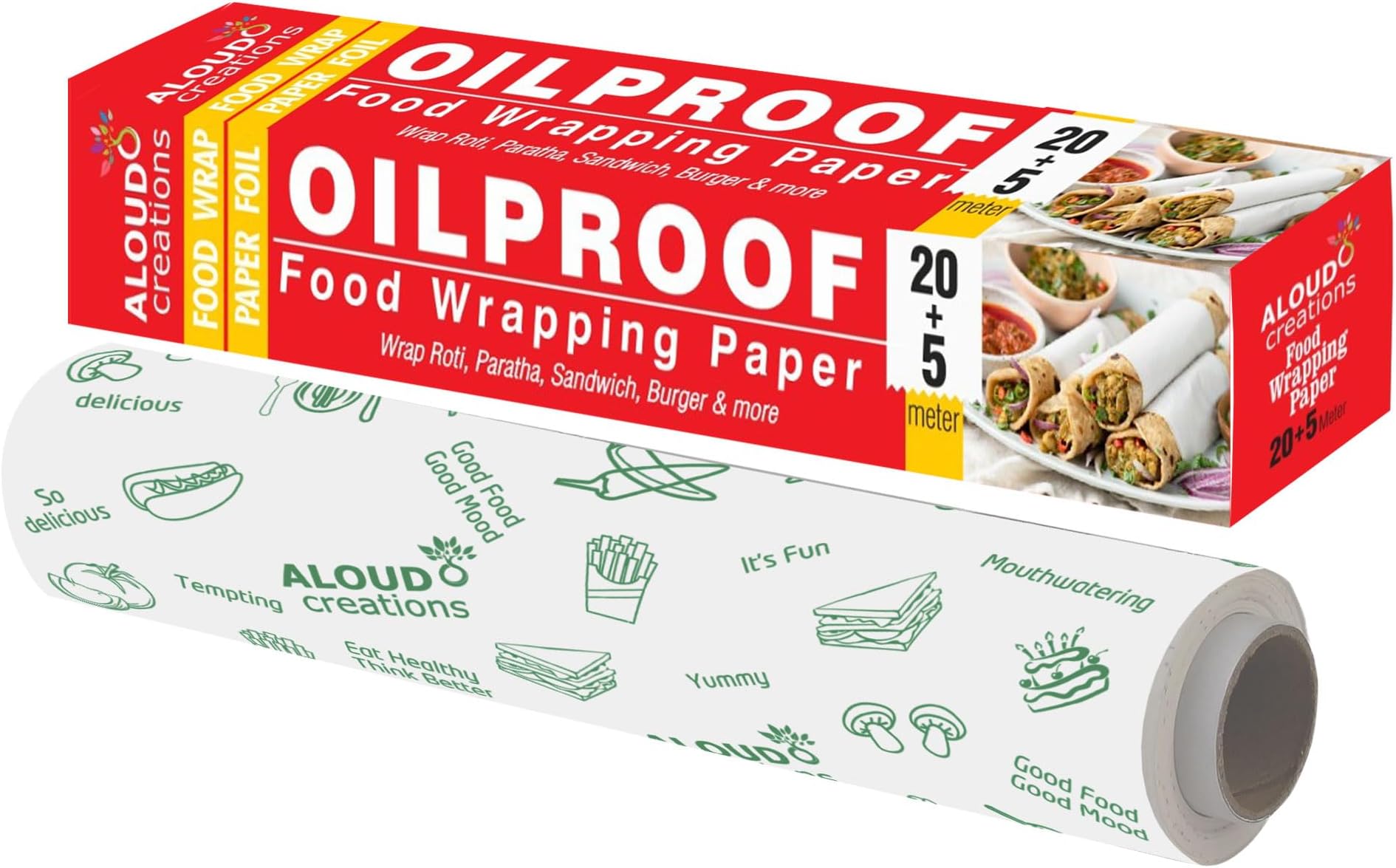 ALOUD CREATIONS 25 Meter Food Wrapping Paper Roll | Wrap Roti, Parantha, Sandwich, Burger & More | Keep Food Safe & Fresh | Oilproof Reusable Paper Wrap | Extra Wide 11 Inch | Paper Foil | Pack of 1