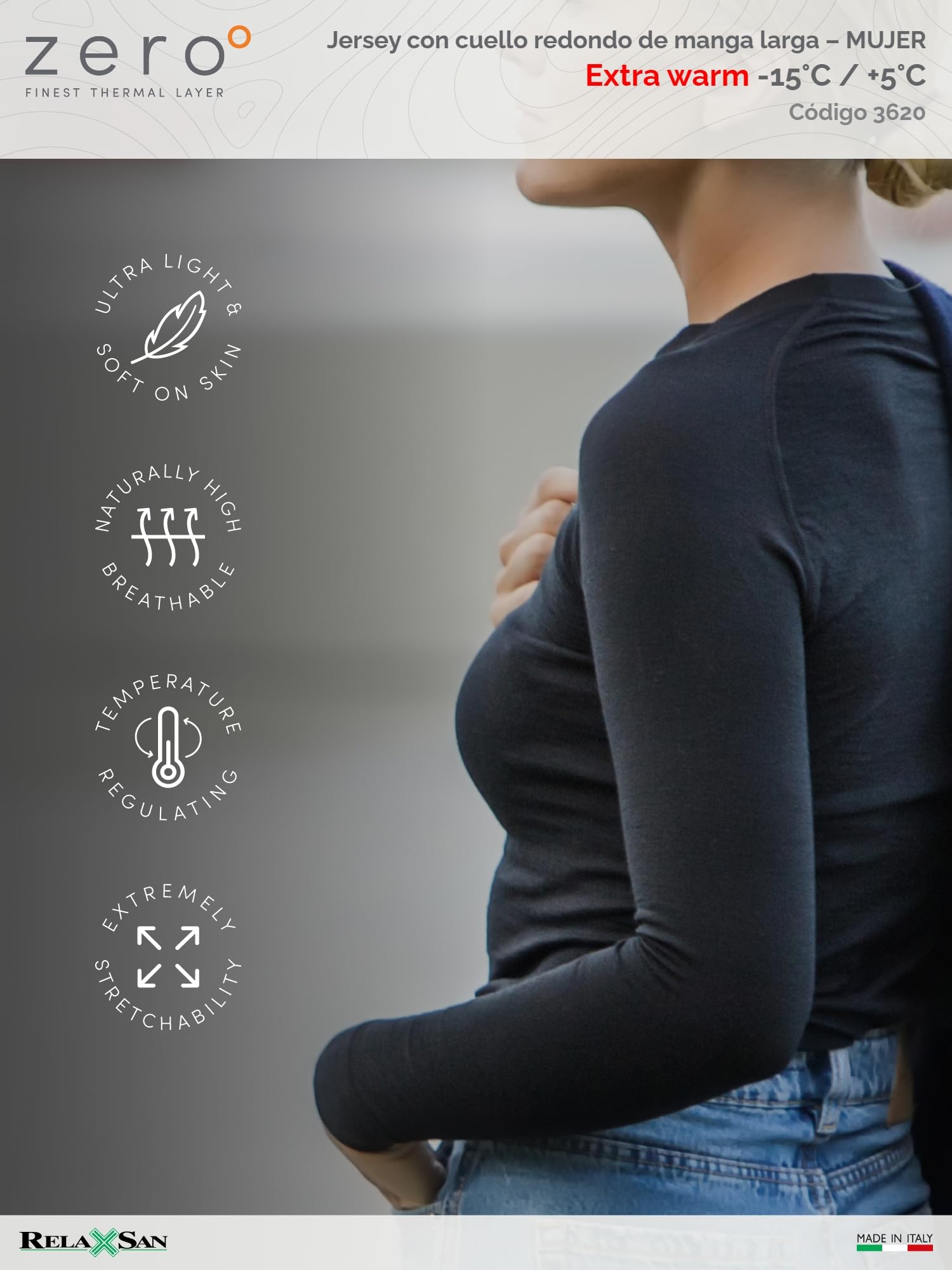 Relaxsan Zero 3220 – Camisa Térmica Invierno Mujer Manga Larga Ropa Interior en Lana Merino y Fibra Dryarn
