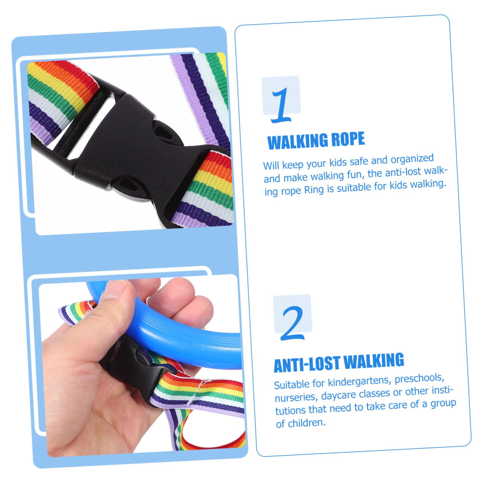 12 Piezas Cuerda para Caminar Desmontable con Asas Redondas para Cuerda de Seguridad Antipedida con Anillas de Plástico Amarillas Azules Rojas para Aula Preescolar y Actividades al