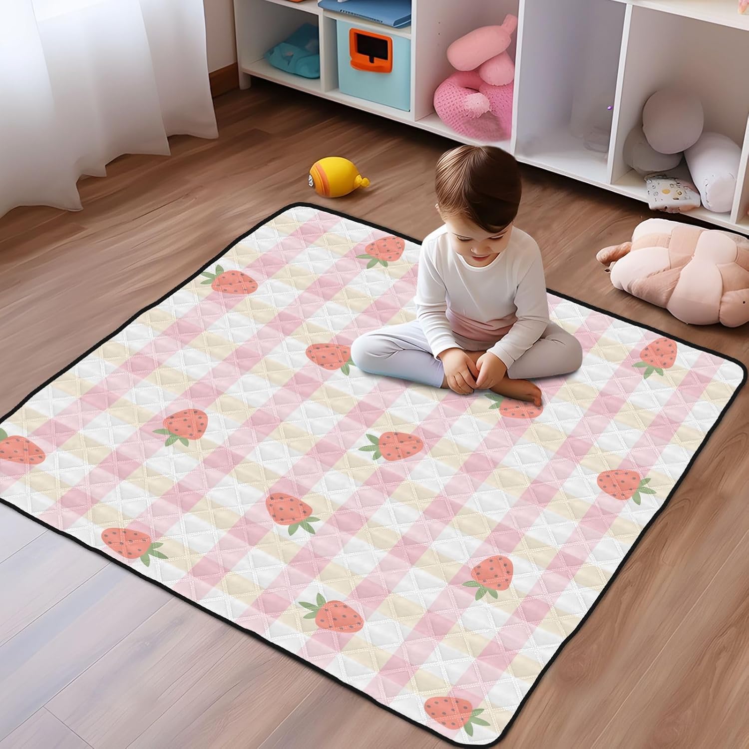 Baby Play Mat Gingham Kawaii Strawberries Checkered 50 x 50 Playpen Mat Baby Play Mats for Floor Play Gym Crawling Mat Non-Slip Cushioned Baby Playmat for Infants, Babies, Toddlers