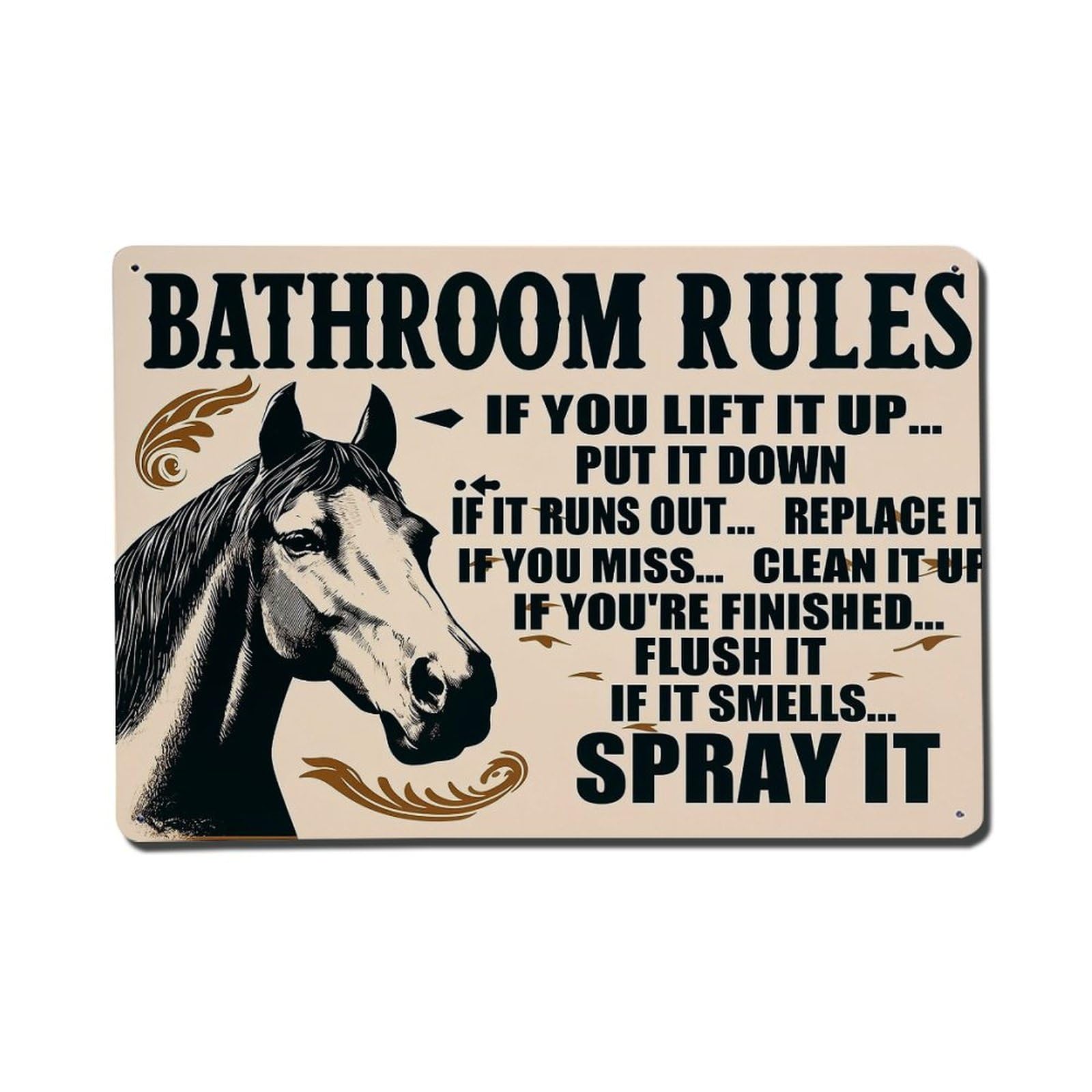 Horse Bathroom Rules Print Art Retro Metal Tin Sign, Vintage Decor Art Poster for Bar, Home, Man Cave, Kitchen, Laundry Room Gift 8x12Inch
