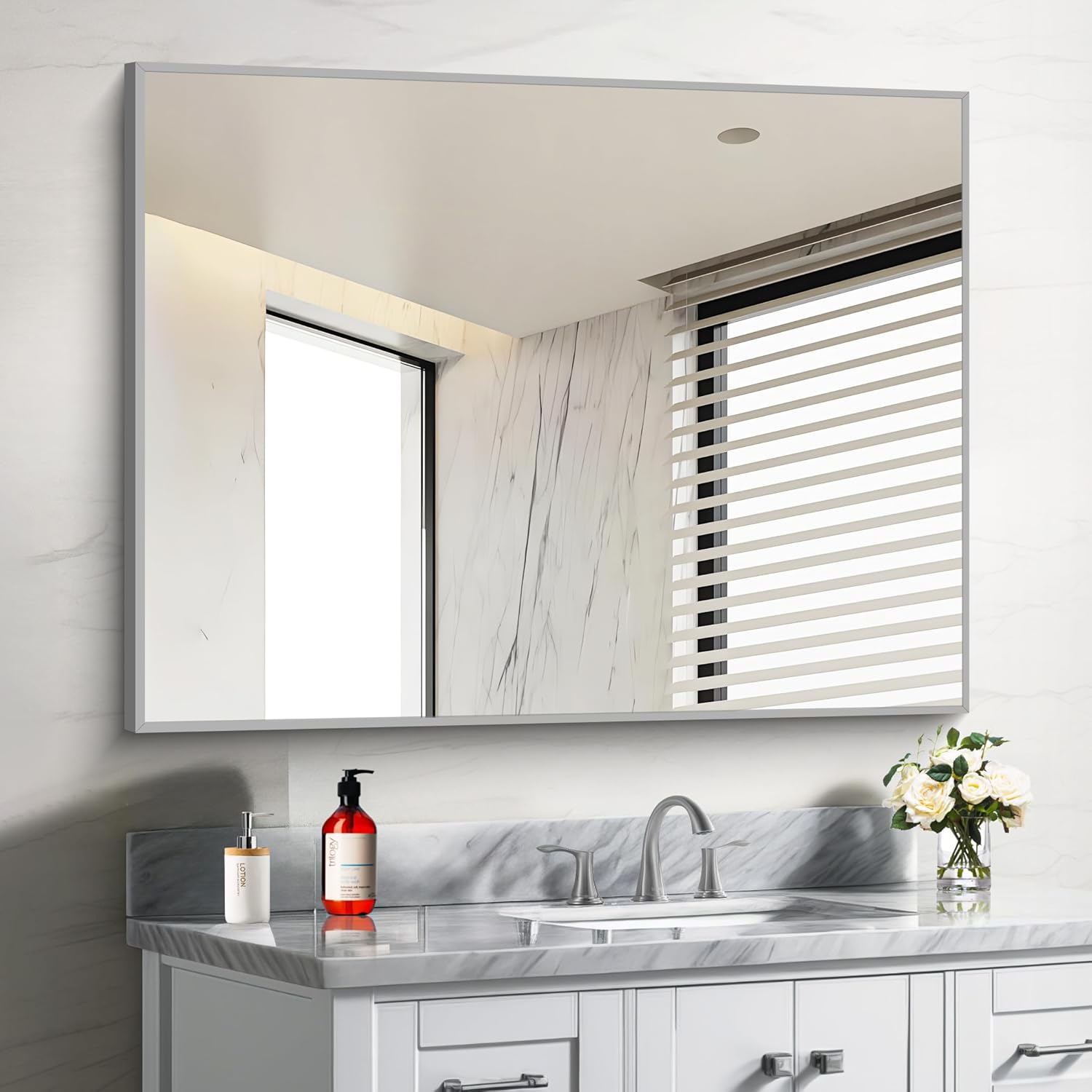 30x40In Silver Bathroom Mirror for Wall, Brushed Nickel Rectangle Mirrors with Metal Frame, Bathroom Rectangular Mirror Modern Wall Mirror for Bedroom Living Room, Hangs Horizontal or Vertical Silver 30x40inch