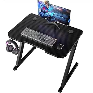 Homall Mesa Gaming 80 x 52 cm, Escritorio Gaming en Forma de Z Ergonómica, Mesa Gamer de Fibra de Carbono, Mesa para Ordenador con Gancho para Auriculares, Negro