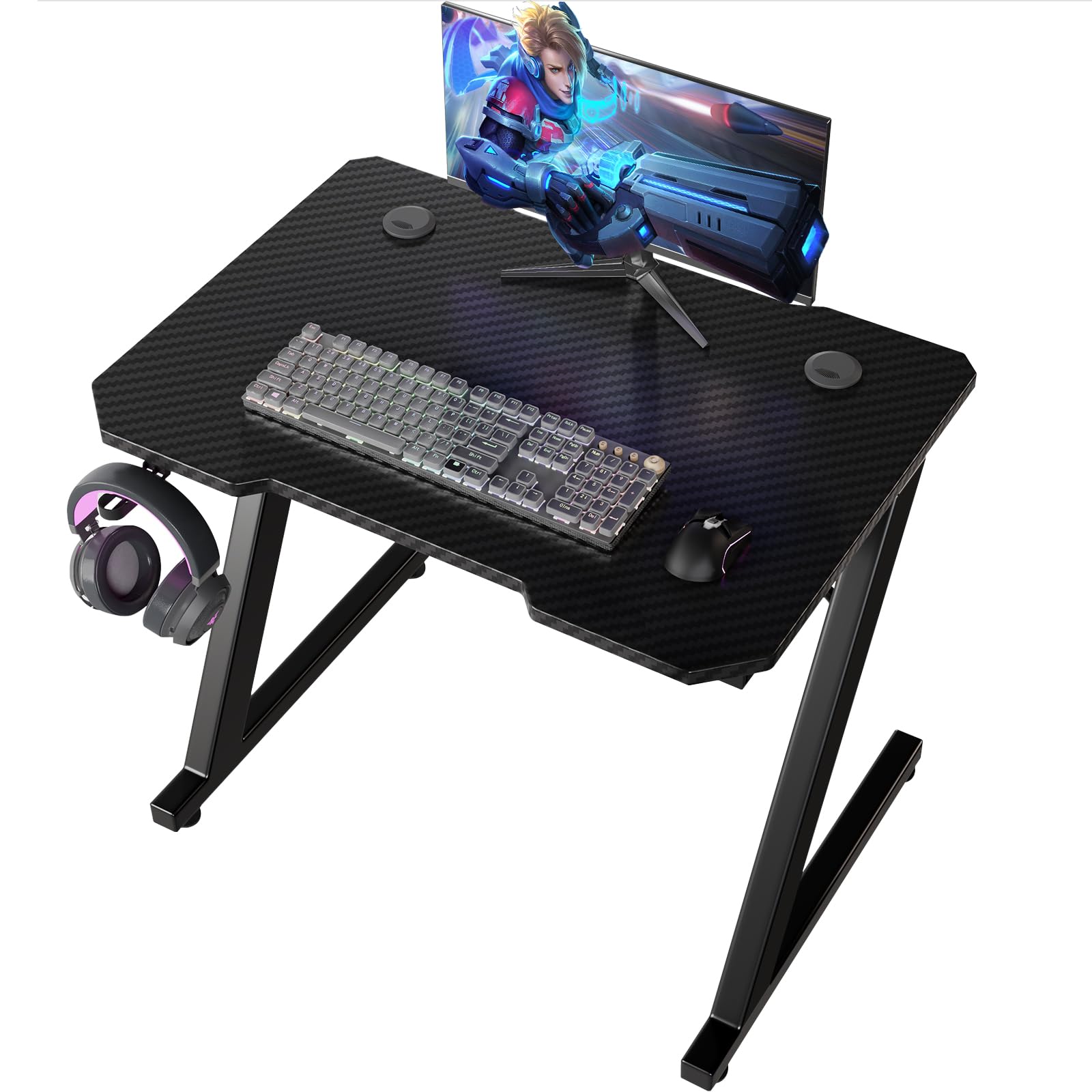 Homall Gaming Table 80 x 52 cm, Z-Frame Gamer Desk with Headphone Hook, Carbon Coating Ergonomic PC Computer Desk, Stable Table