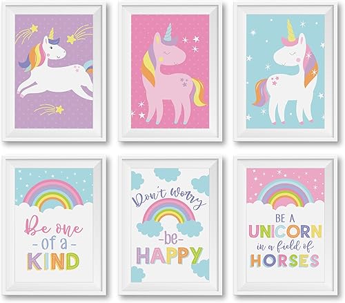 Hadley Designs 6 impresiones artísticas reversibles de unicornio de 8 x 10 pulgadas, decoración de habitación de unicornio para dormitorio de niñas,