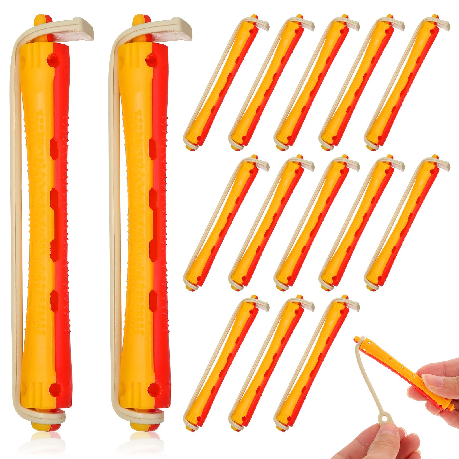 Healvian 24 Pièces Bigoudis pour Cheveux Courts avec Bande Élastique de Permanente Creux Bicolores Rouge et Jaune Outils Coiffure DIY pour Femmes et Hommes Création Boucles Naturelles et