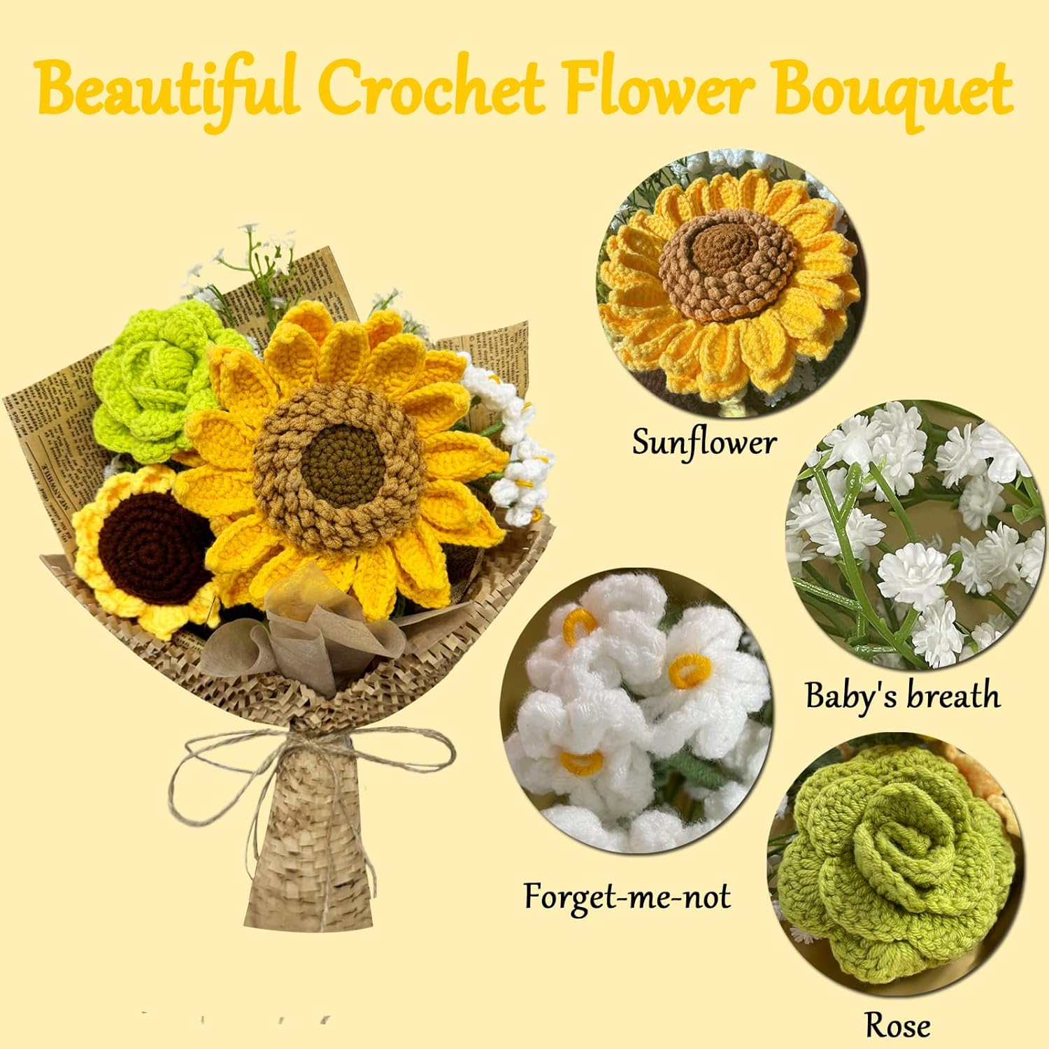 Crochet Flower Bouquet Graduation,Handmade Knitted Sunflower Crochet Flowers Gift for Lover,Teacher,Friends, Artificial Flowers Bouquet for Home Decor