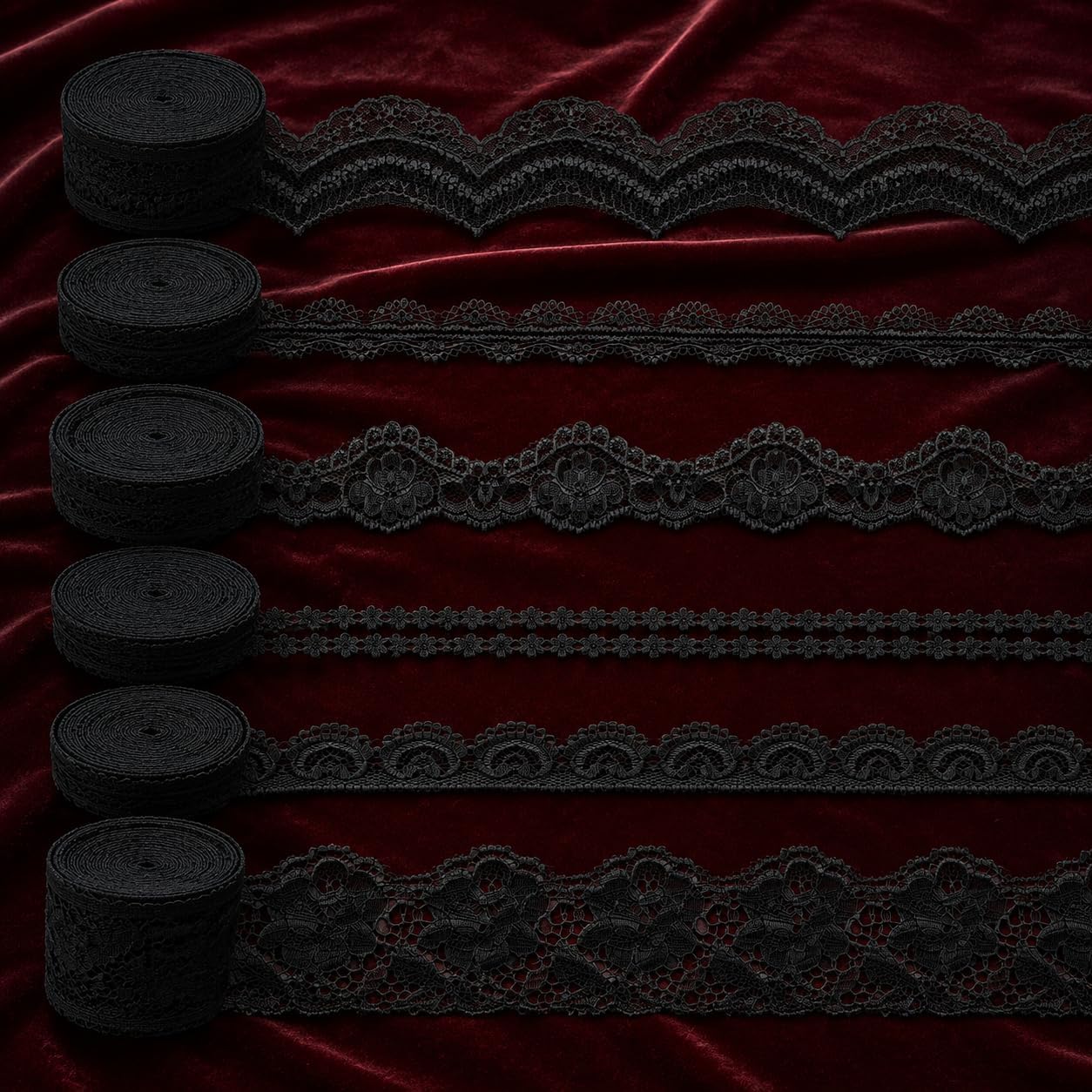30 Yards Black Lace Ribbon, 6 Styles Halloween Trim | Gothic Sewing Set, For Halloween Decor, Cosplay Costume, Evening Dress, Gift Wrapping