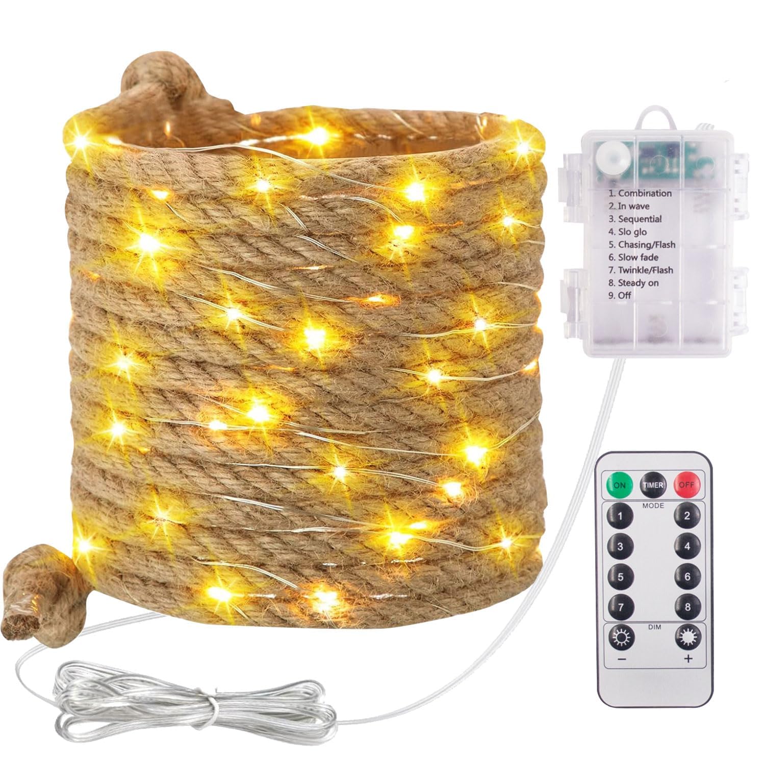 Fairy Lights Rope, 3 m Rope Lights, Hemp Rope Fairy Fairy Fairy Lights Outdoor, 50 LED Garden Light, Battery Operated Fairy Lights Outdoor Weatherproof, Warm White Natural Rope Fairy Lights, for