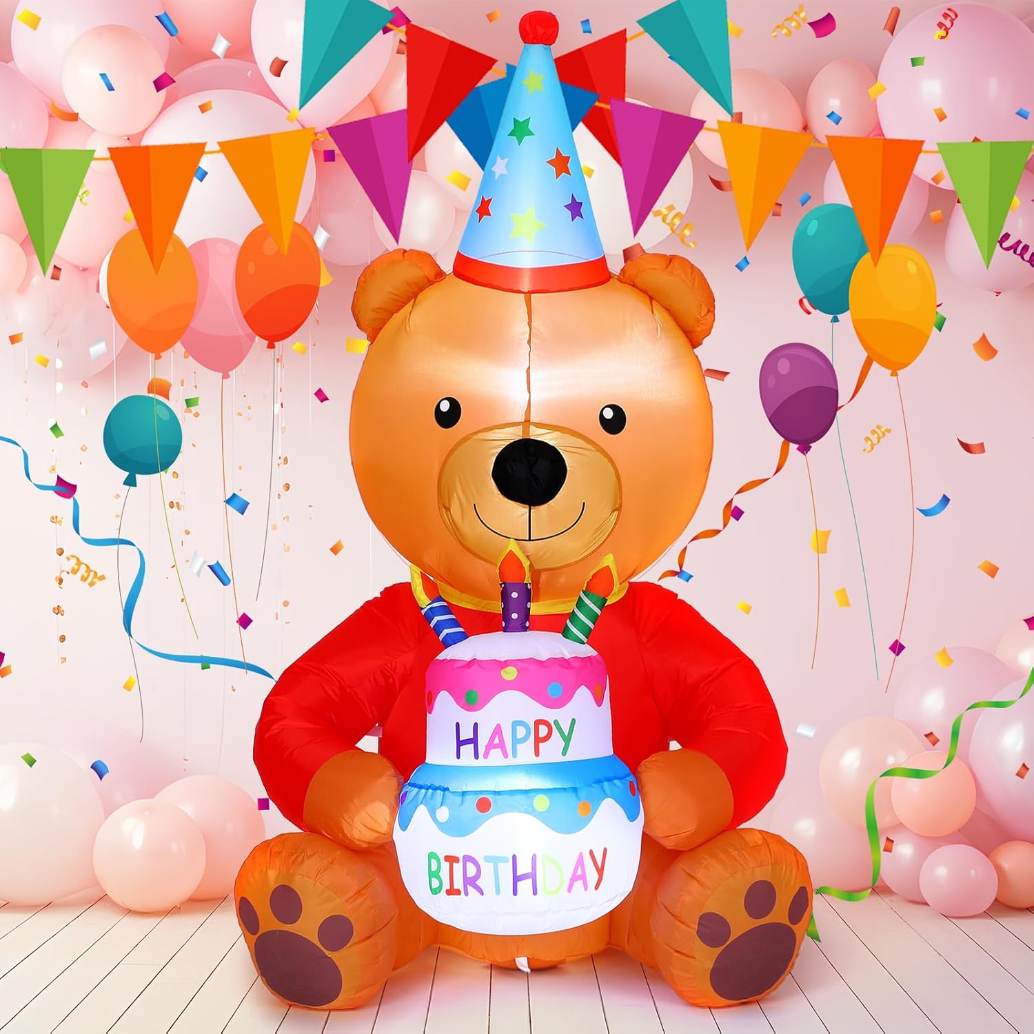 WinnerWhy 6 ft Inflatable Birthday Bear with Cake and Hat Outdoor Decorations Lighted Blow up Birthday Party Decorations LED Lights for Yard Garden Lawn Holiday Party Indoor Home Decor