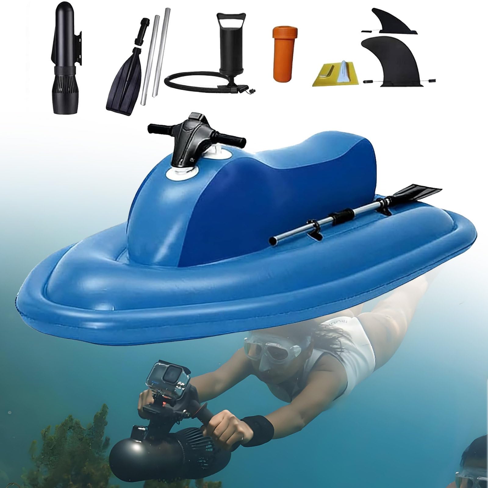 GIZMIT Blue Motorboat with Scooter, Electric Rush Wave Surf Boat Jet Ski – 500W/700W Underwater Propeller, Dual-Fin Design Motorboat with Motor, Max Load 330 lbs, for Water Sports 700W16A