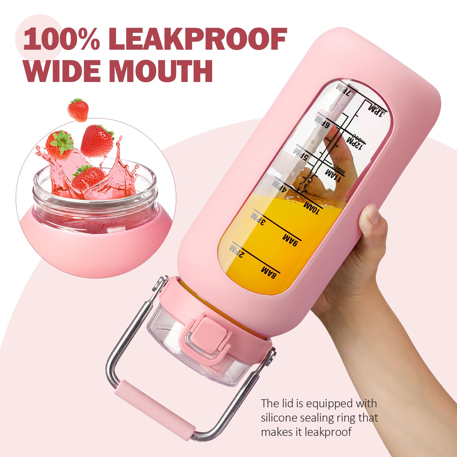 BLUEGO 2L Bottiglia d'acqua in vetro con manico in acciaio inox, manicotto in silicone e cannuccia per palestra, ufficio e sport all'aperto, senza BPA, Rosa