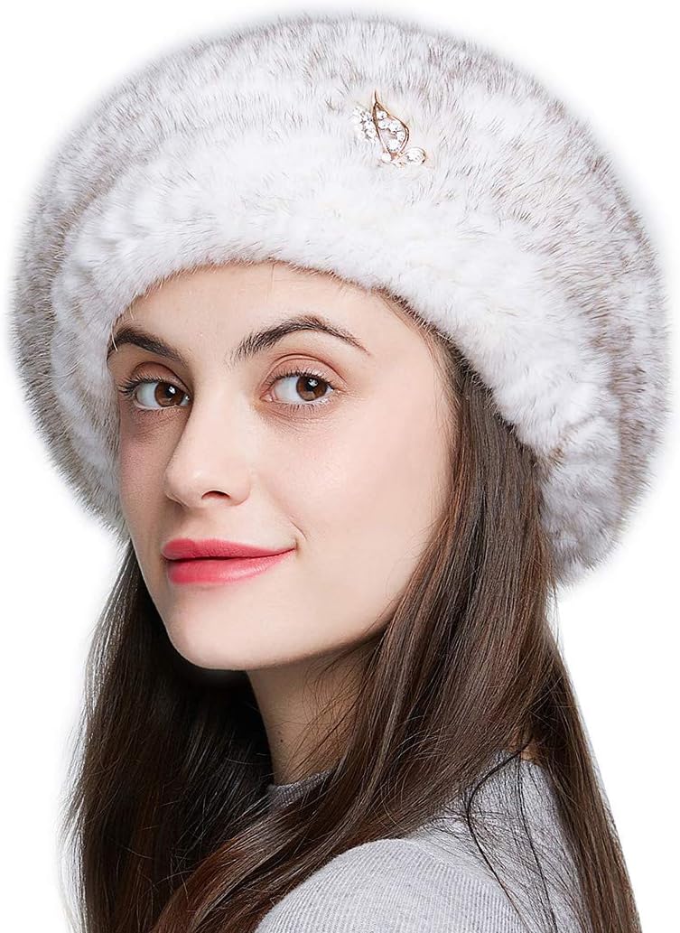 Women's Knit Real Mink Fur Beret Hat,2019 New Winter Russian Beanie Rhinestone
