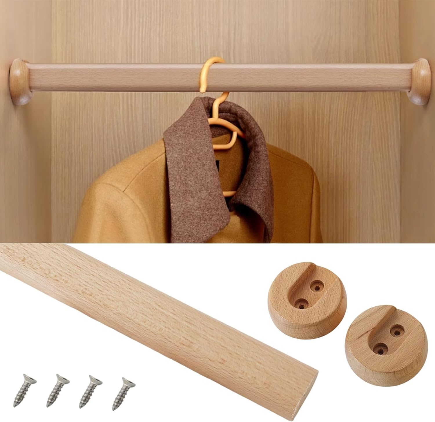 Polished Wooden Closet Rods - 16" to 60" Adjustable Closet Bars for Storage Organization, Wardrobe Curtain Hanging with Socket & Screws (60cm/23.6in)