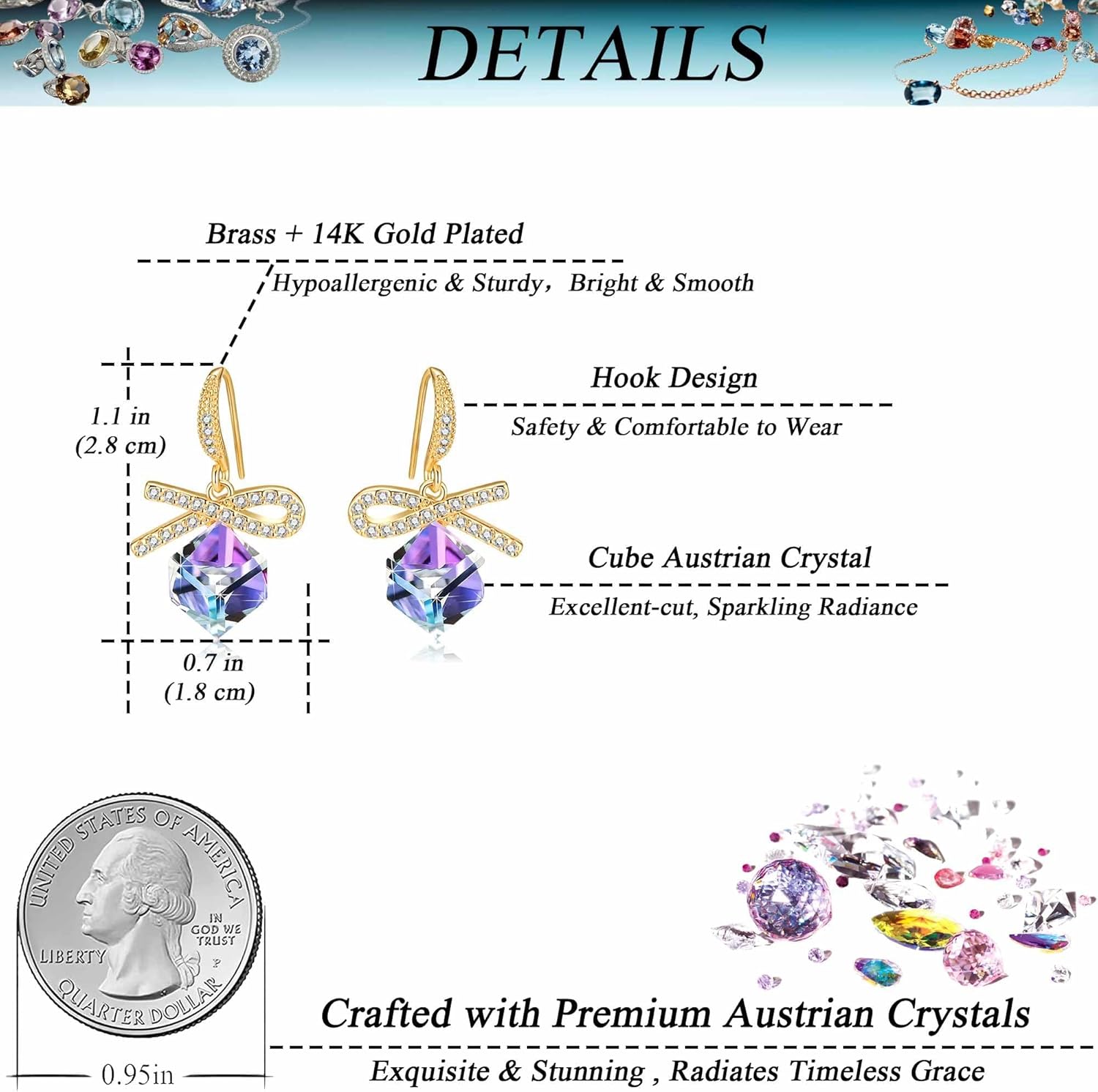 EVEVIC Austrian Crystal Bow Dangle Drop Earrings for Women Fashion Ribbon 14K Gold Plated Hypoallergenic Jewelry - Image 5