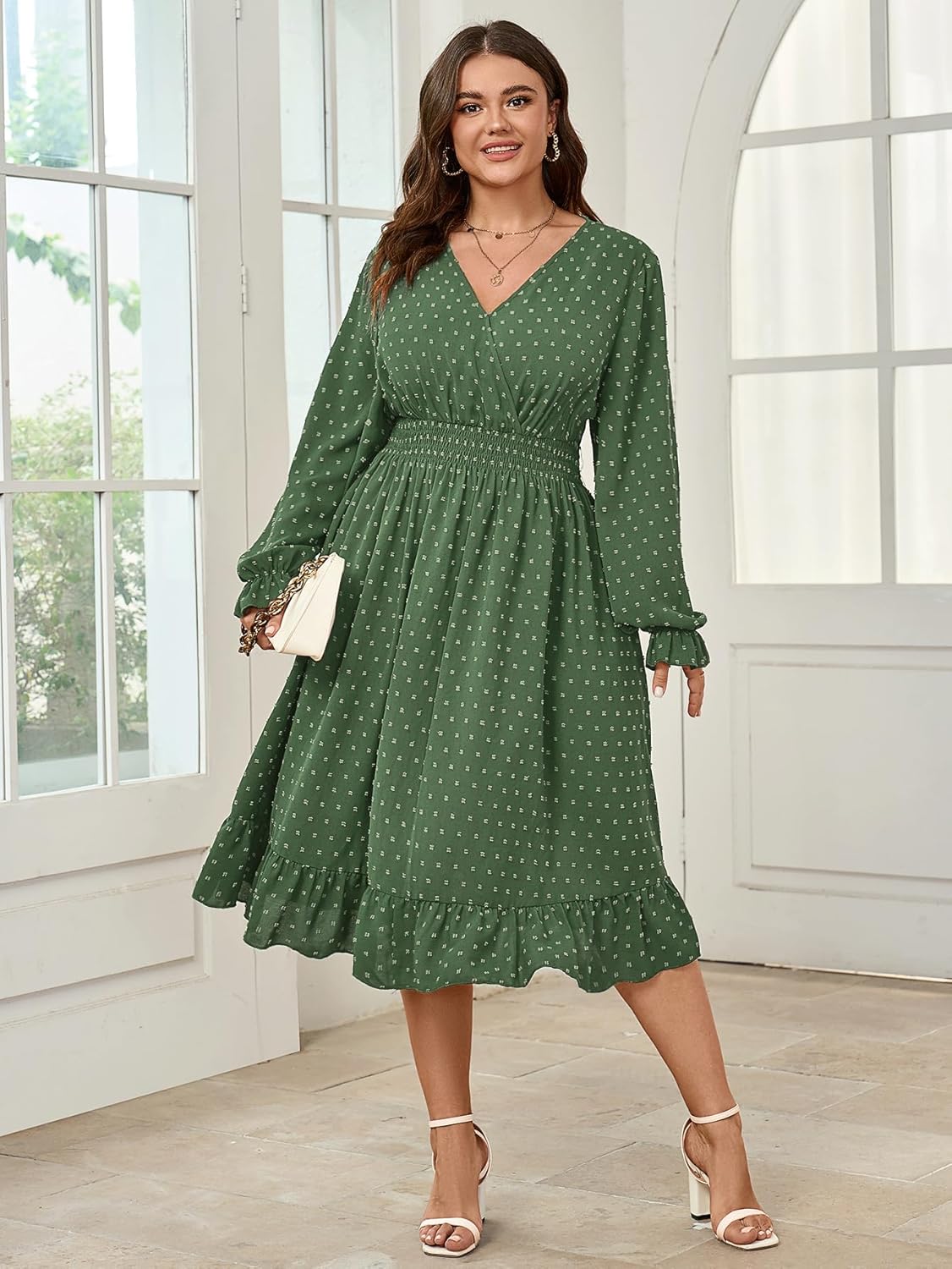Women's Plus Size Fall Dress Long Sleeve V Neck Smocked Swiss Dot Flowy High Waisted A Line Ruffle Midi Dress - Image 5