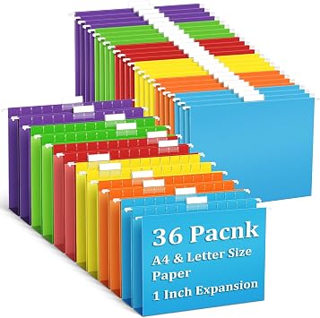 V-Opitos 36 Pack 1 Inch Expansion Hanging File Folders, Letter Size Hanging Folders with 1/5-Cut Adjustable Tab, Extra Capacity Hanging File Folders, Ideal School Classroom, Office Supplies