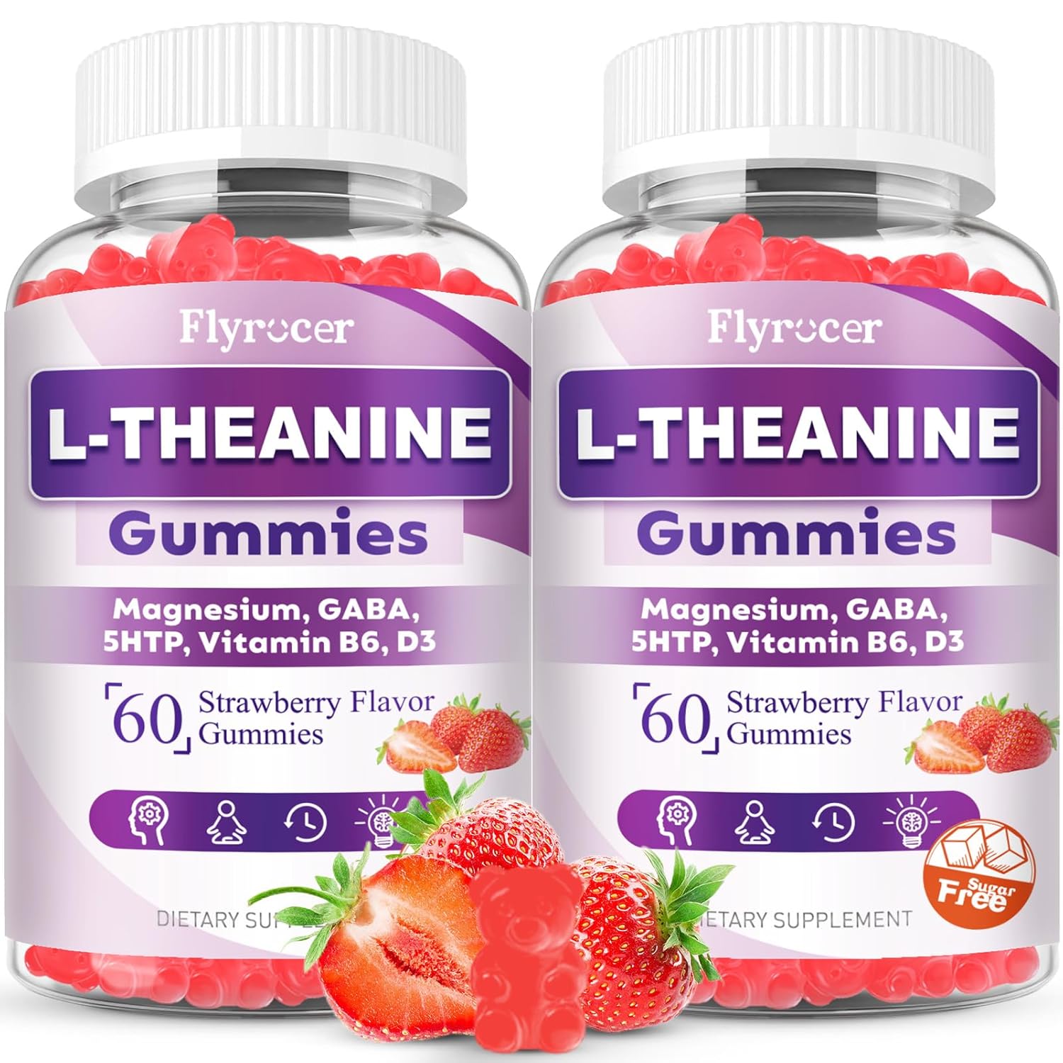 2 Pacote de Gomas de L-Theanine, Suplemento de L Theanine para Adultos e Crianças, L'Theanine 400MG com Ashwagandha, Magnésio, 5HTP e GABA - Apoio ao Calma, Relaxamento e Foco, Vegan Morango