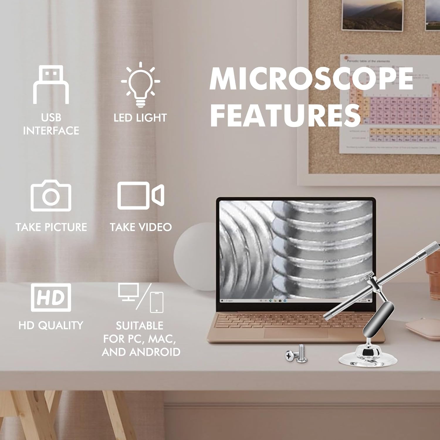 Microscopio Digital USB-C Con Aumento 10X-200X - 8 Luces LED Ajustables Y Soporte Metálico Giratorio