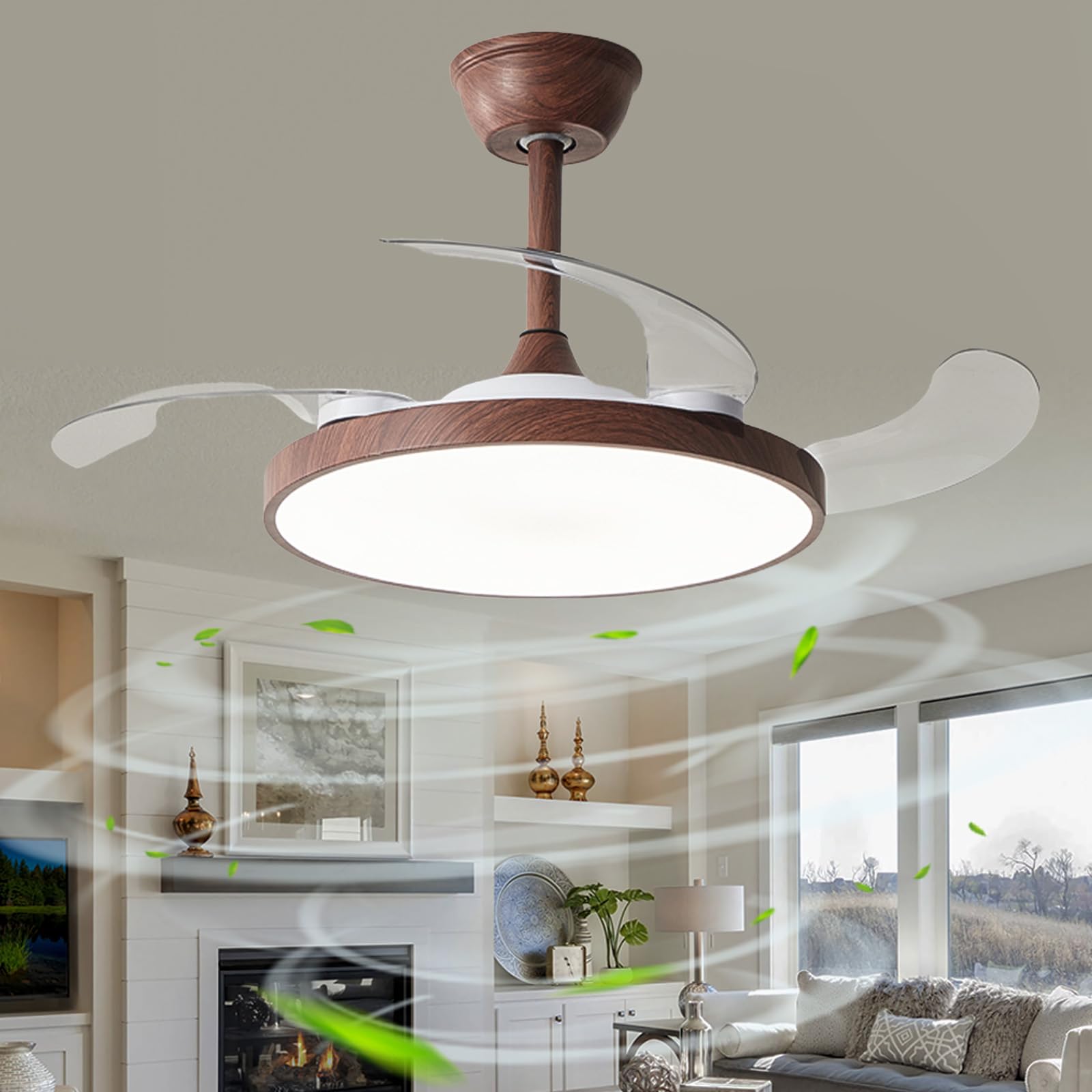 SXDMOUBK Invisible Ceiling Fan Chandelier with Retractable Blades Modern Dimmable Ceiling Light Fixture Reversible Fan for Living Room & Kids' Room White 108cm