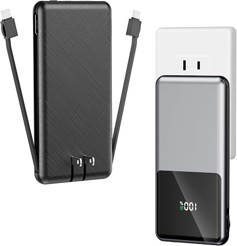 Portable Charger, with Built in Cables 10000mAh Power Bank with Wall Plug, Travel Essential Fast Charging Battery Pack for iPhone 17 16 15 14 etc