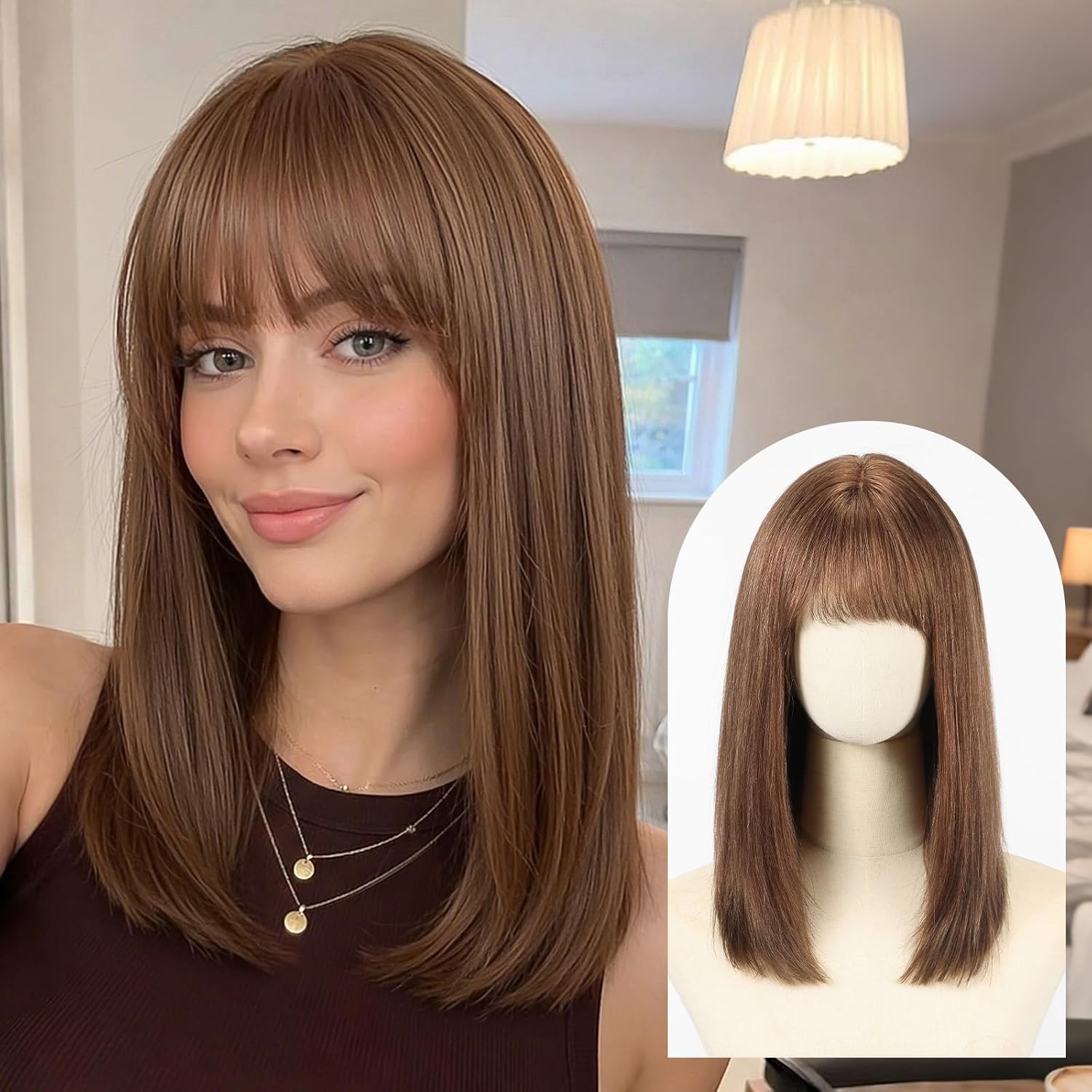 KKU 16 Inch Brown Human Hair Wig,Human Hair Wigs,Human Hair Wig With Bangs, Lady Wigs Human Hair, Real Hair Wigs For Women