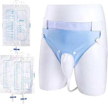 Urine Collection Bag Condom Catheters for Men Reusable Portable Wearable Urinary Drainage with 2000 ML*1+1000 ML*2 Urine Catheter Bag System Blue-Elderly Men