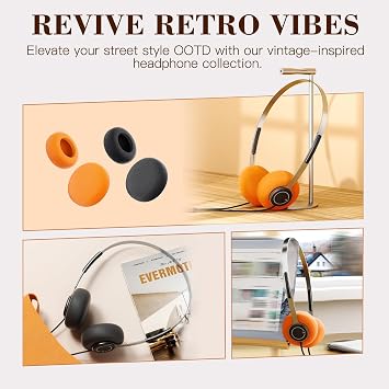 iKF Y3 Retro Wired Headphones, Lightweight, 3.5mm Jack, Breathable Earbuds | Adjustable Headband, Dual Mode Cable, Replaceable Orange Ear Pads, 80s 90s Old School, Computer, Laptop, CD Player, Black