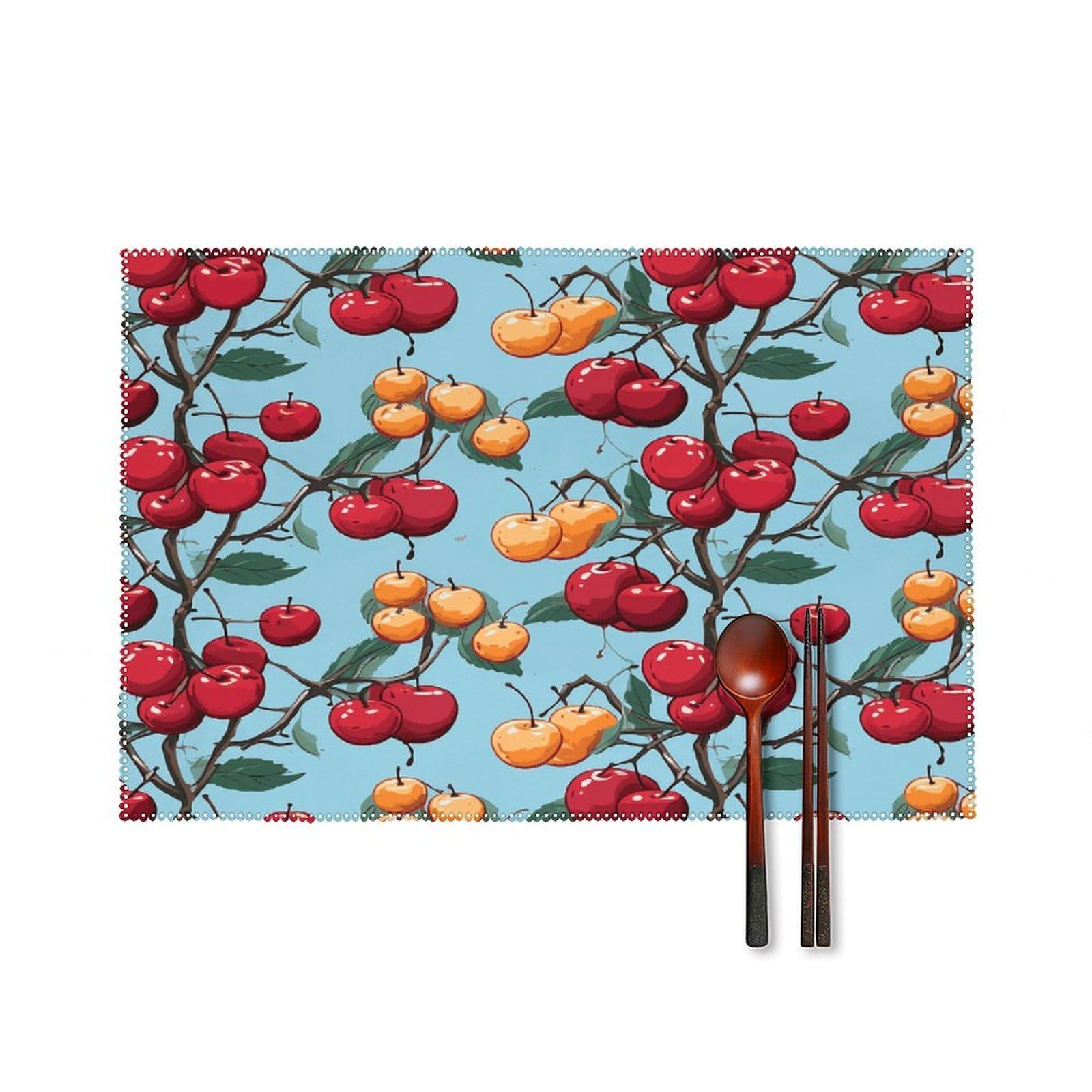 Cherry Pattern Placemats Set of 6 Heat-Resistant Washable Place Mats Wipeable Kitchen Placemat Easy to Clean for Indoor Outdoor Party Kitchen Decoration