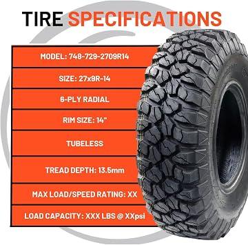 Ocelot XC729 R/T 27x9Rx14 UTV Tires All Terrain, Durable 6-Ply Radial Construction and Non-Directional Tread, Aggressive Thick Lugs for Diverse Terrain and Conditions - AT 27x9Rx14 ATV Tires
