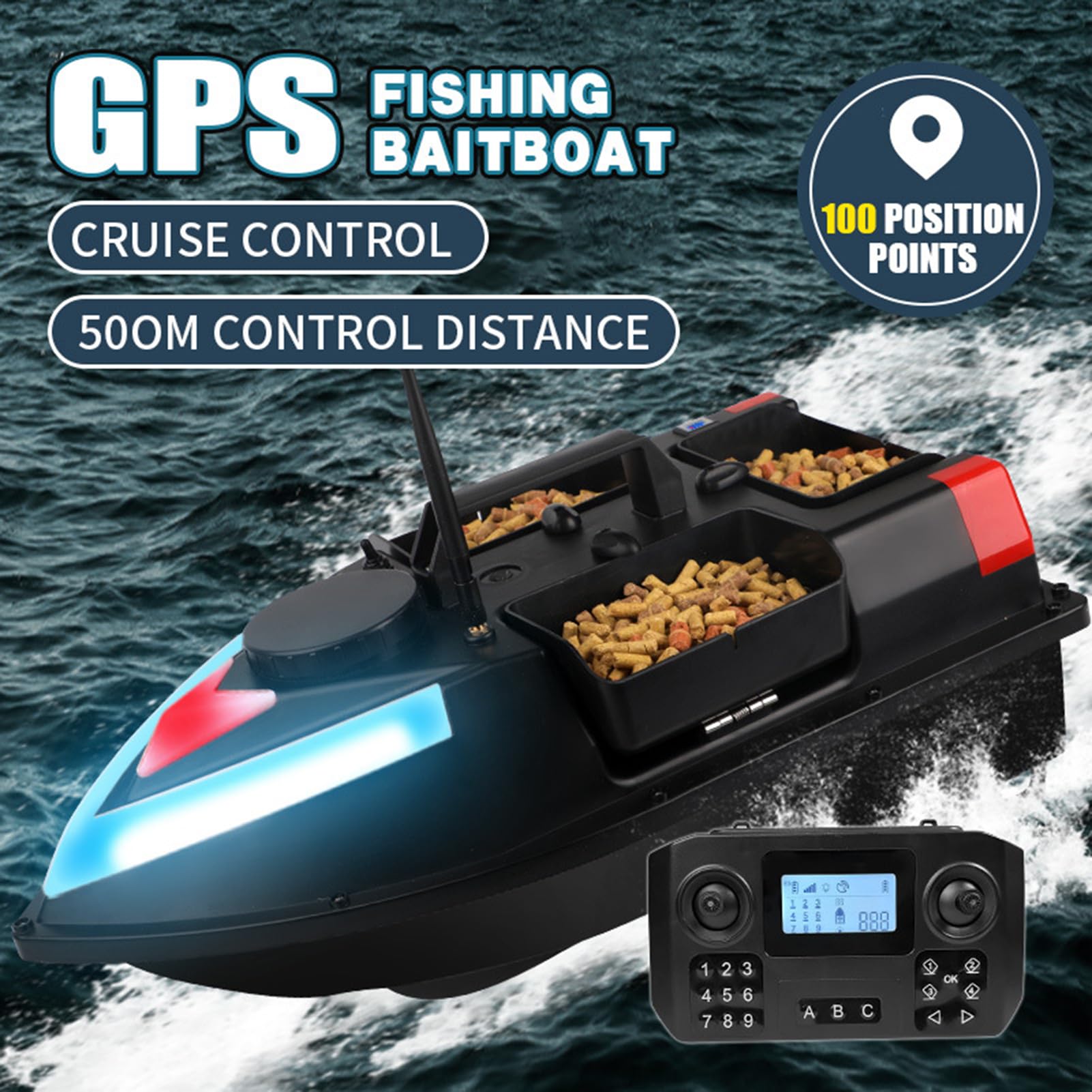 Łódka z przynętą RC, Łódź rybacka z pozycjonowaniem GPS, Zdalne sterowanie 500 m, 3 zbiorniki na przynętę, Podwójna bateria 5200 mAh do połowu ryb w jeziorze/surfie